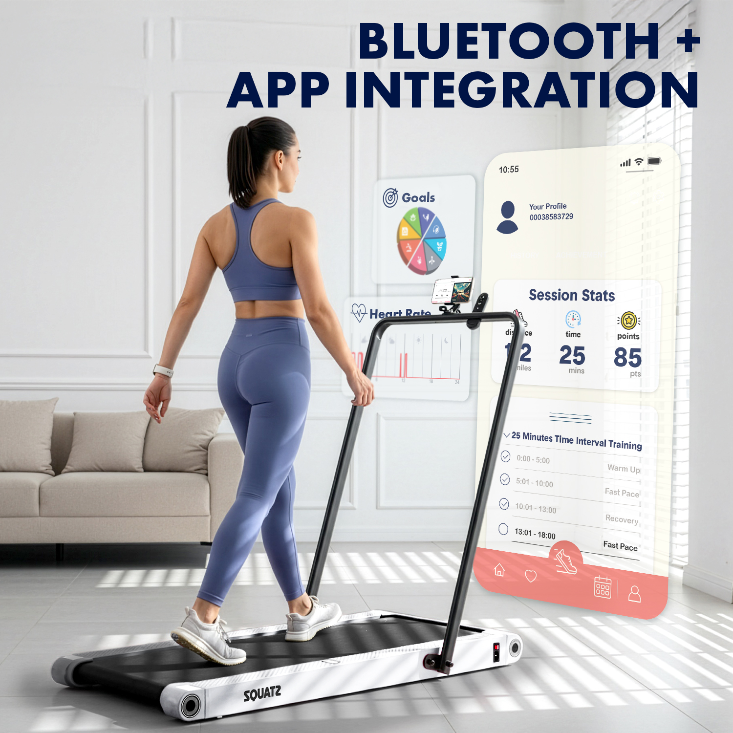 Eine Frau geht auf einem Laufband, während sie ein Smartphone mit Trainingsstatistiken betrachtet.