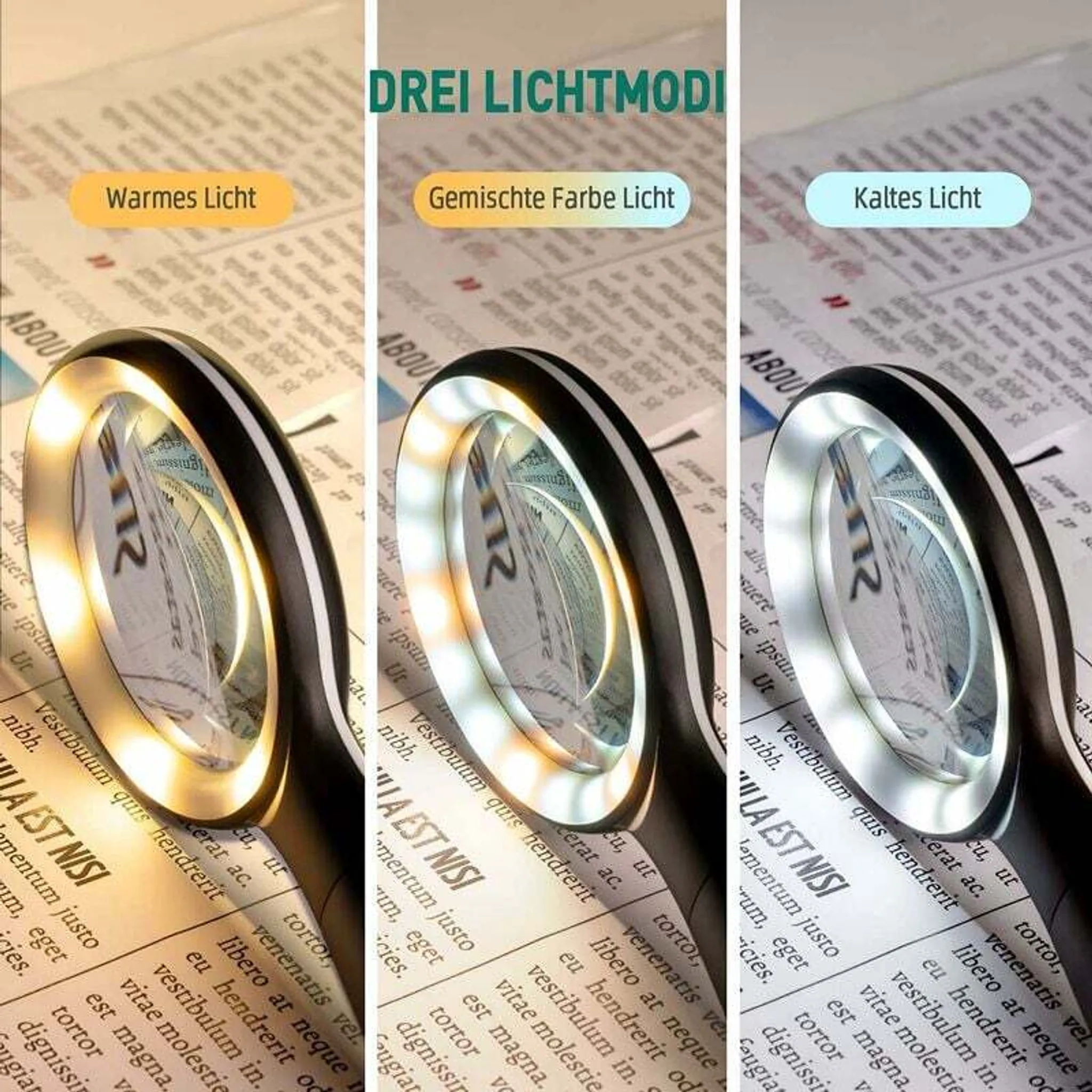 Lupe mit drei Lichtmodi: warmes, gemischtes und kaltes Licht auf Zeitung.