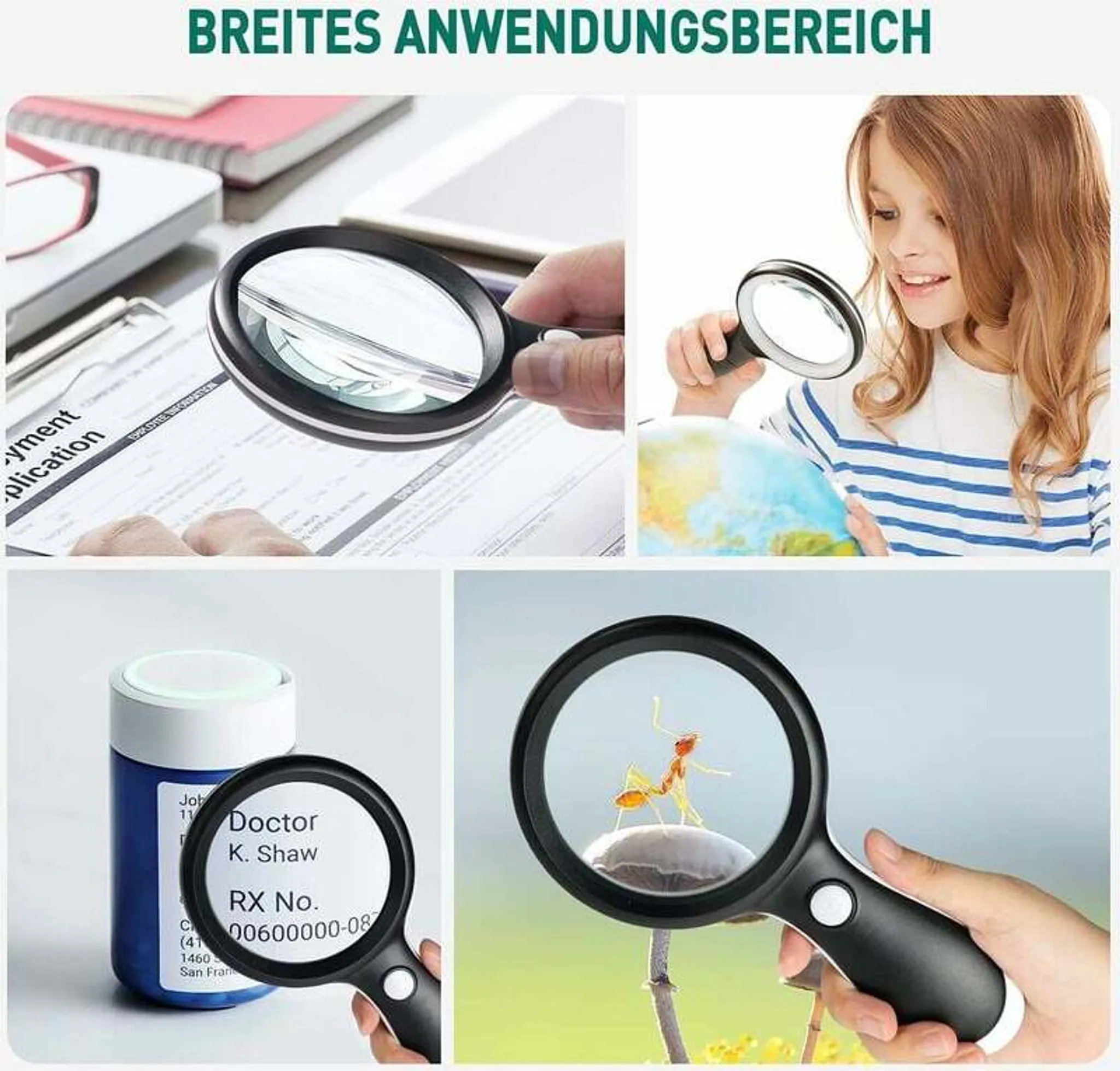 Collage: Lupe über Dokument, Kind mit Globus, Lupe über Medikament, Lupe über Ameise.