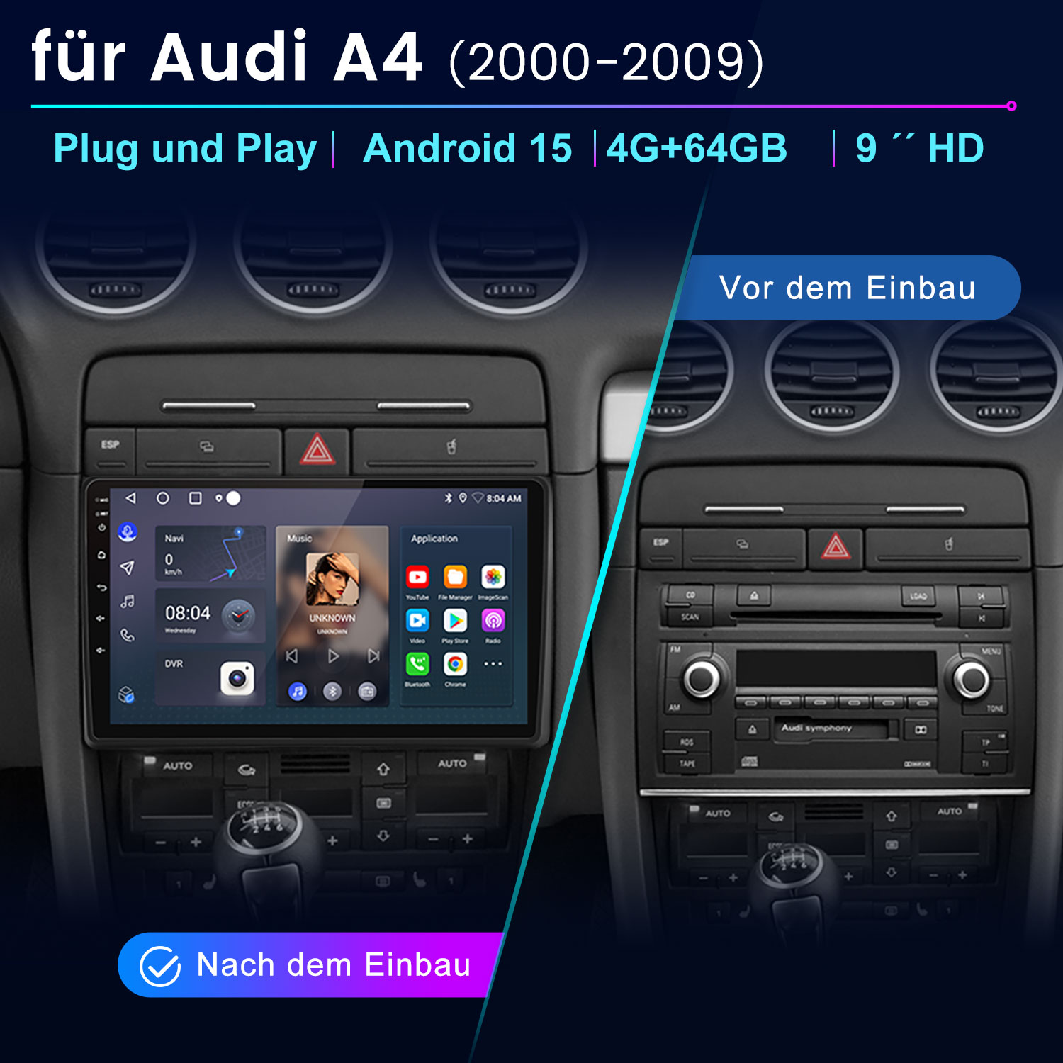 Vergleich eines Audi A4-Armaturenbretts vor und nach dem Einbau eines neuen Infotainmentsystems.
