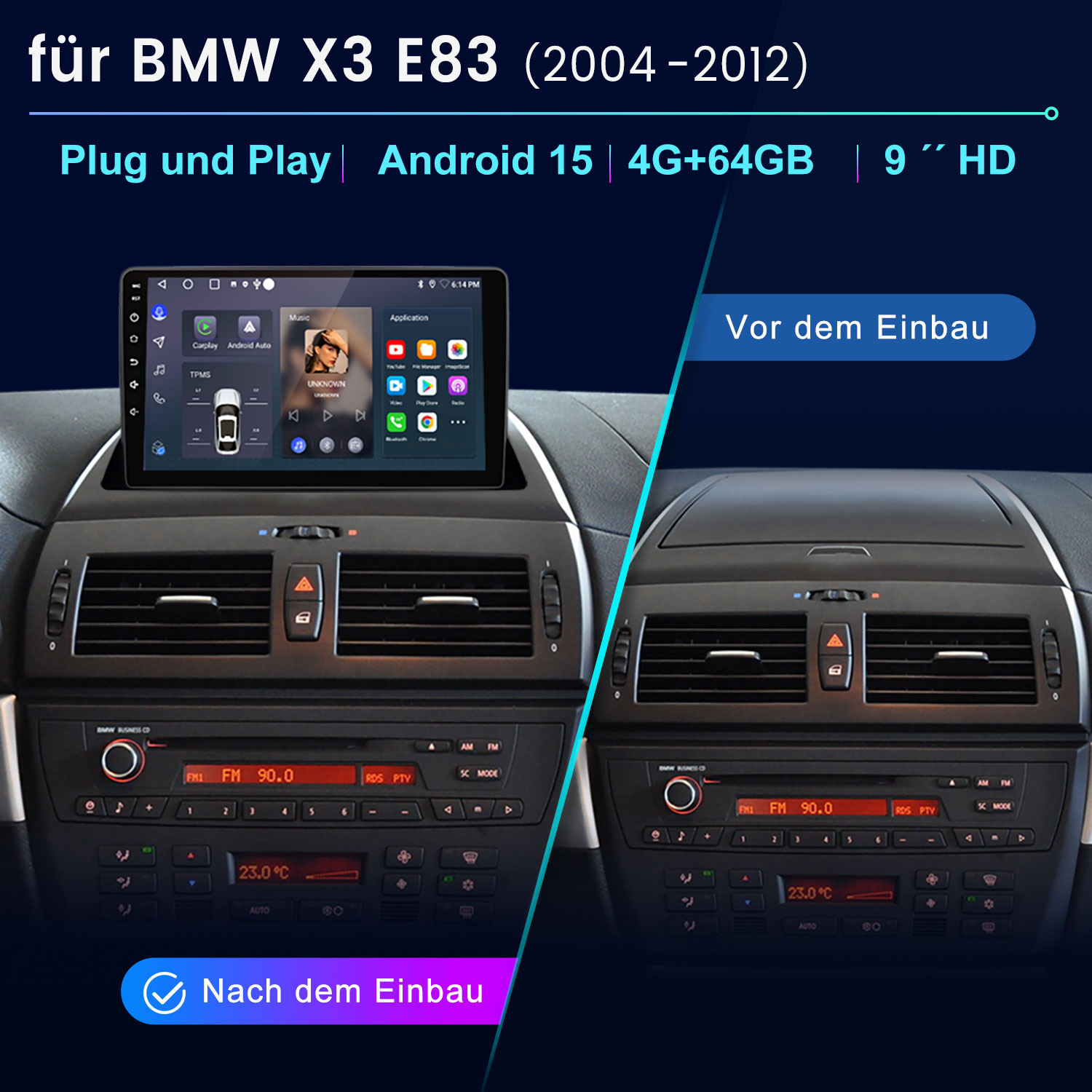 Vergleich eines BMW X3 E83 (2004-2012) mit und ohne neues Infotainmentsystem.