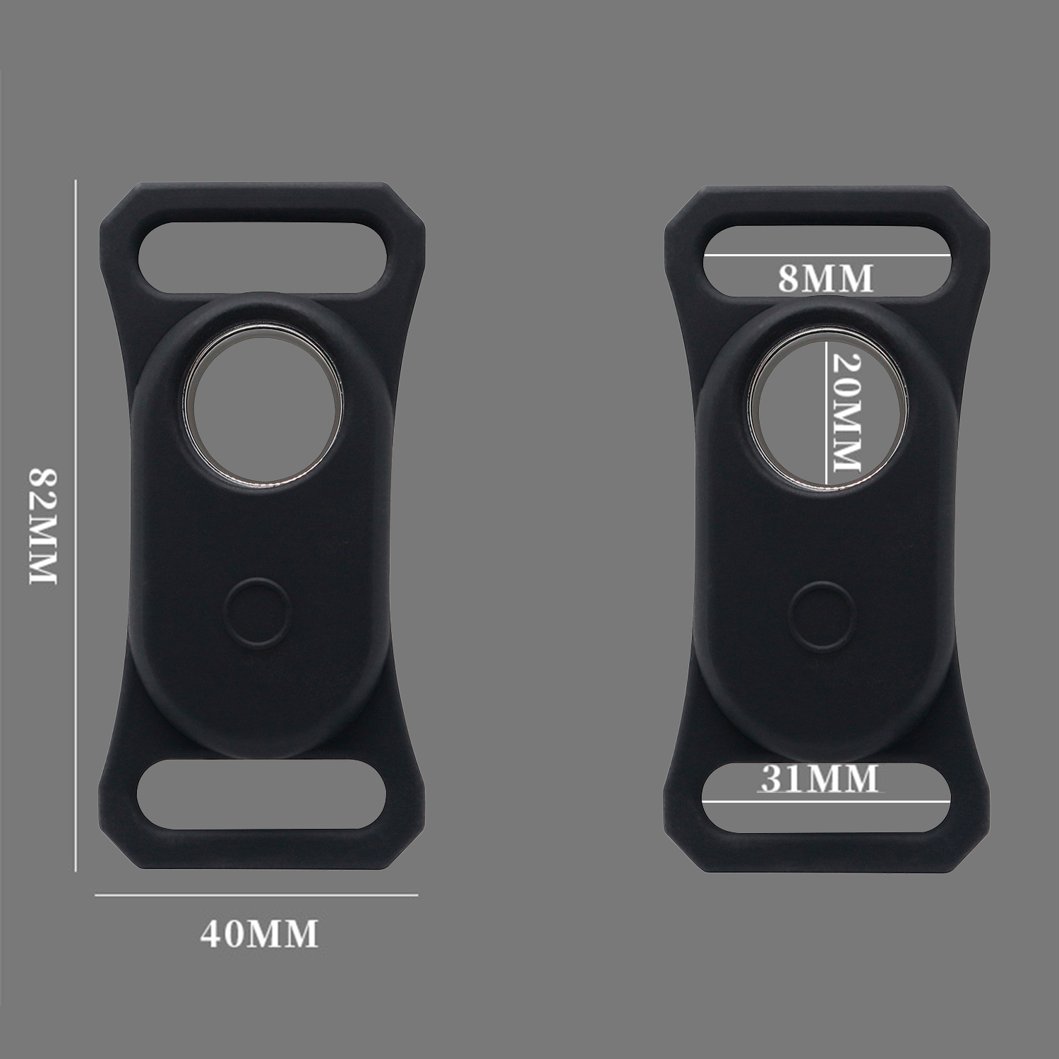Zwei schwarze Armbandbefestigungen mit Maßen. Links: 82mm x 40mm. Rechts: 8mm x 20mm x 31mm.