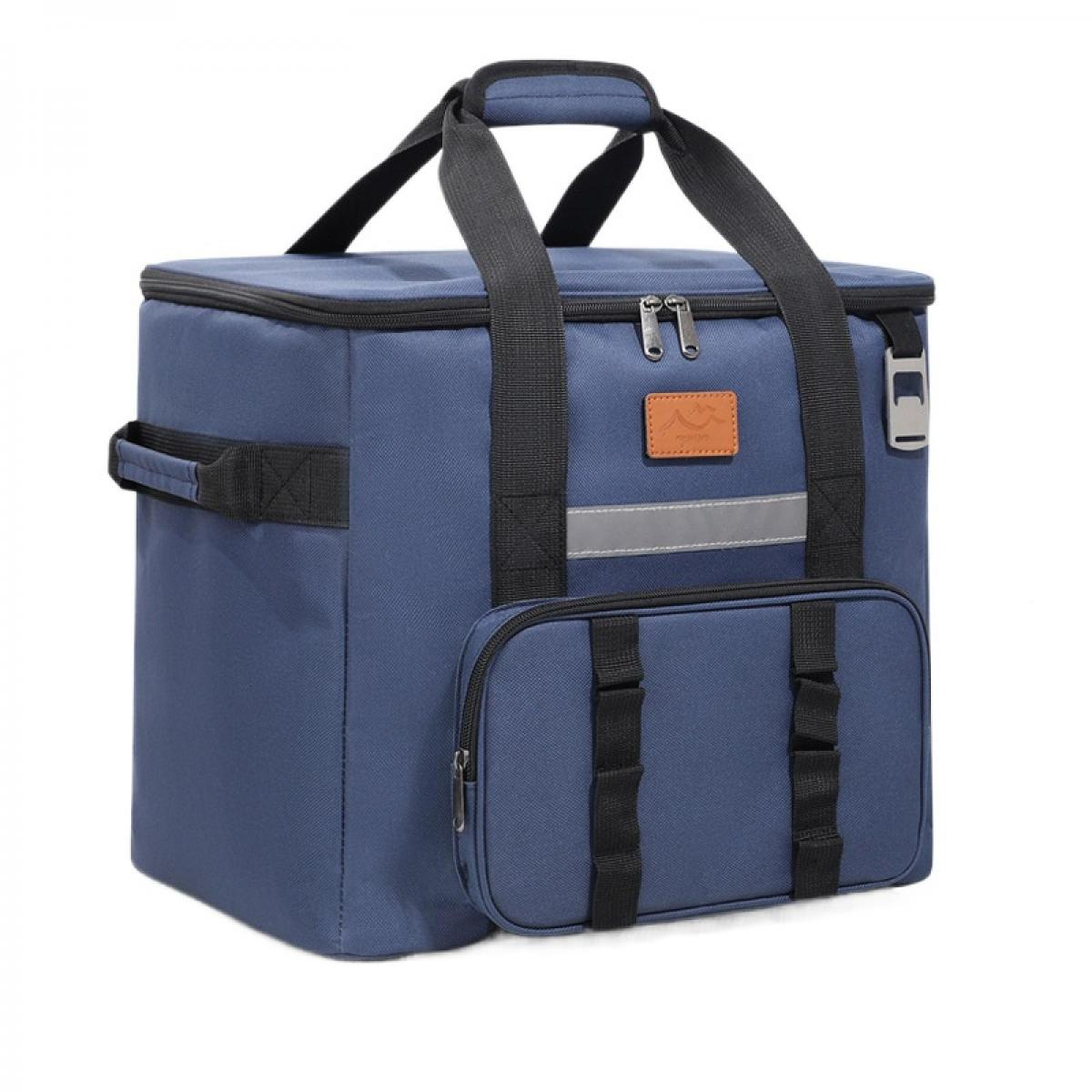 Eine blaue Kühltasche mit schwarzen Trägern und einer kleineren Fronttasche.