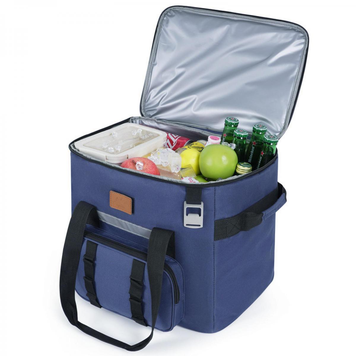 Eine blaue Kühltasche mit geöffnetem Deckel, gefüllt mit Flaschen, Obst und Eis.