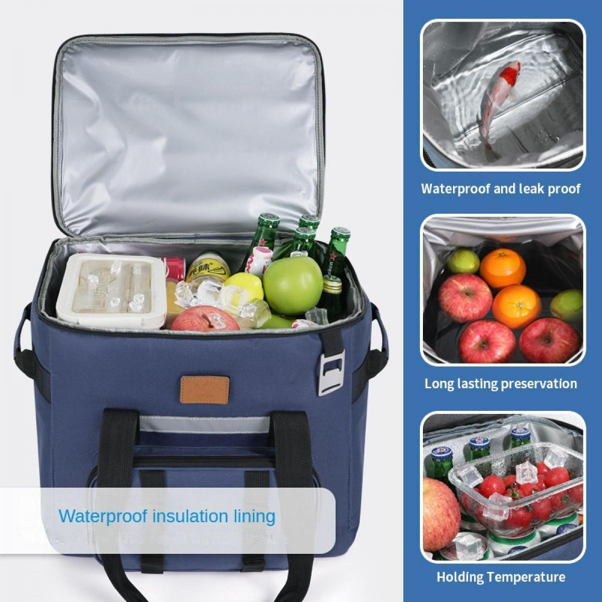 Offene marineblaue Kühltasche mit Eis, Getränken, Äpfeln und Eisbehälter.