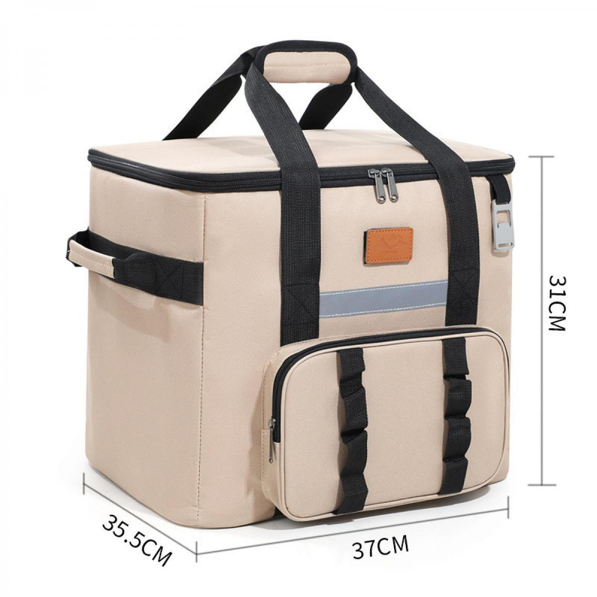 Eine beige Kühltasche mit schwarzen Griffen und Taschen. Maße 37x35,5x31cm.