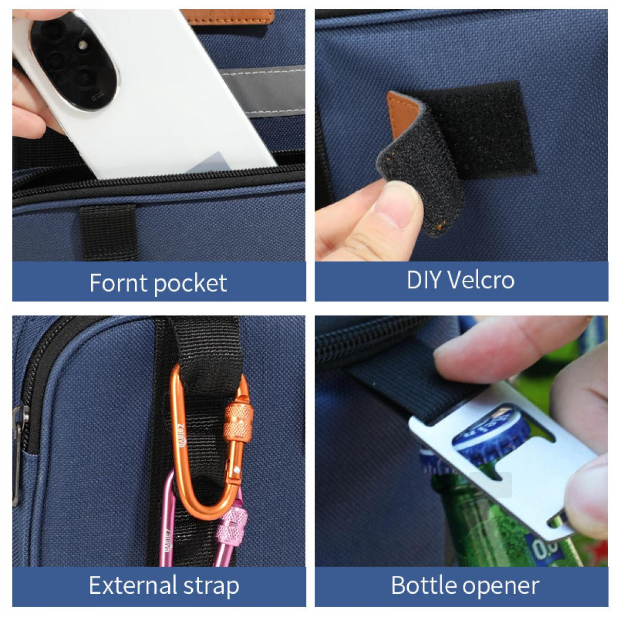 Collage zeigt Handy in Fronttasche, DIY-Klettverschluss, Außengurt, Flaschenöffner.