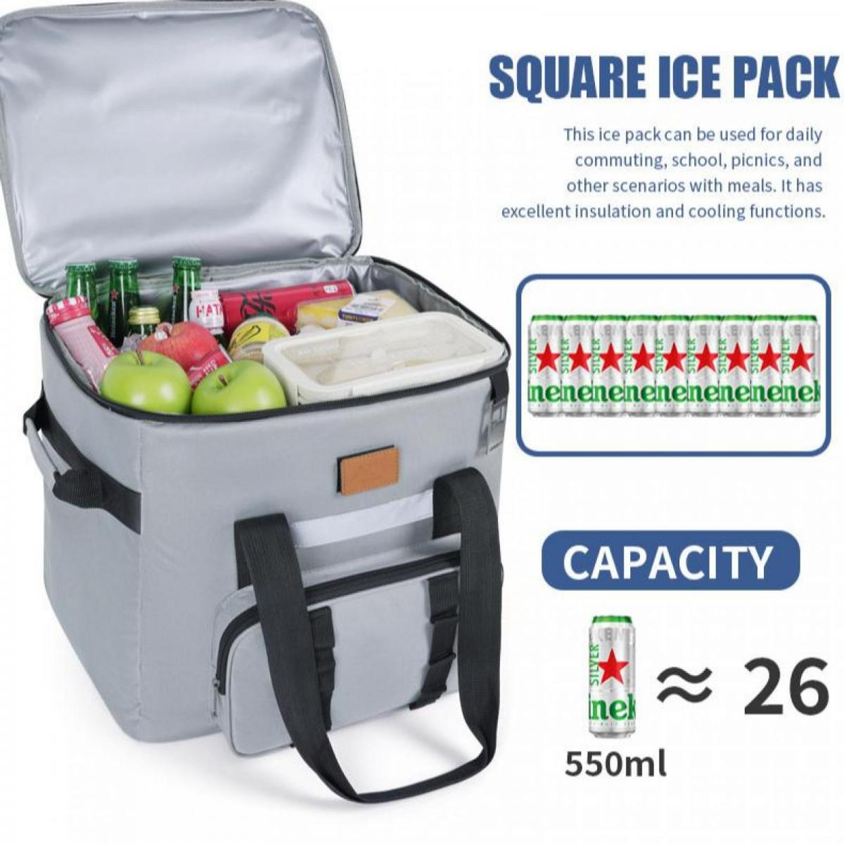 Graue Kühltasche gefüllt mit Essen und Flaschen, daneben Dosen und Kapazitätsangabe.