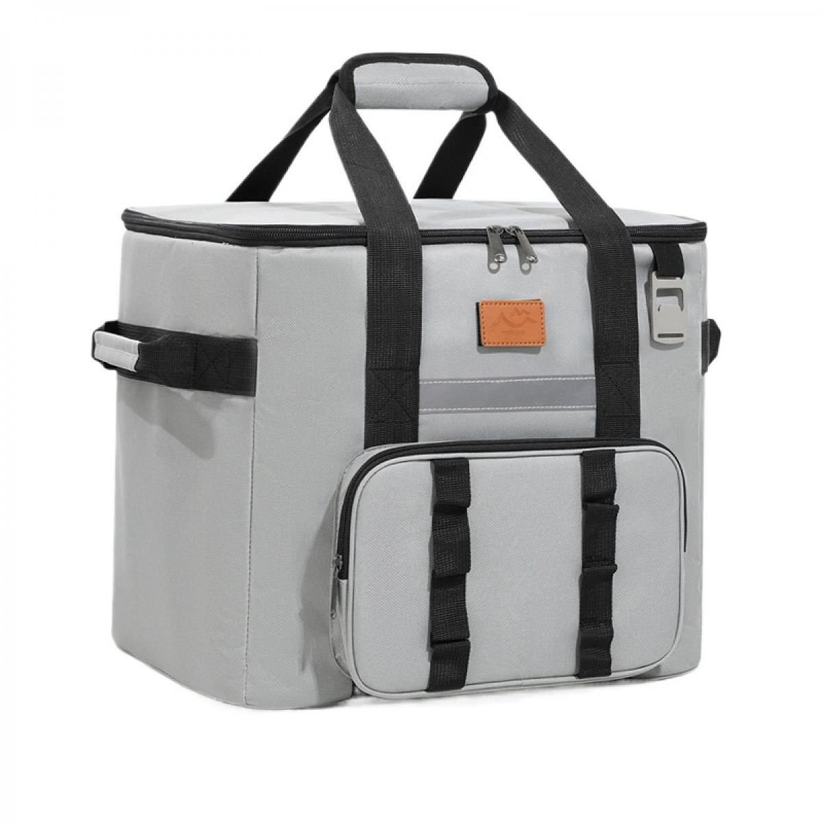 Eine graue Kühltasche mit schwarzen Trägern und einer Fronttasche.