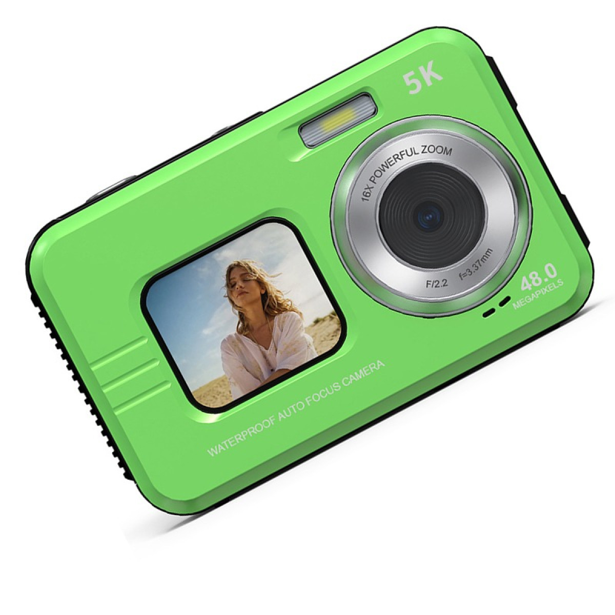 Eine grüne Digitalkamera mit einem Foto einer Frau auf dem Bildschirm und Textdetails.