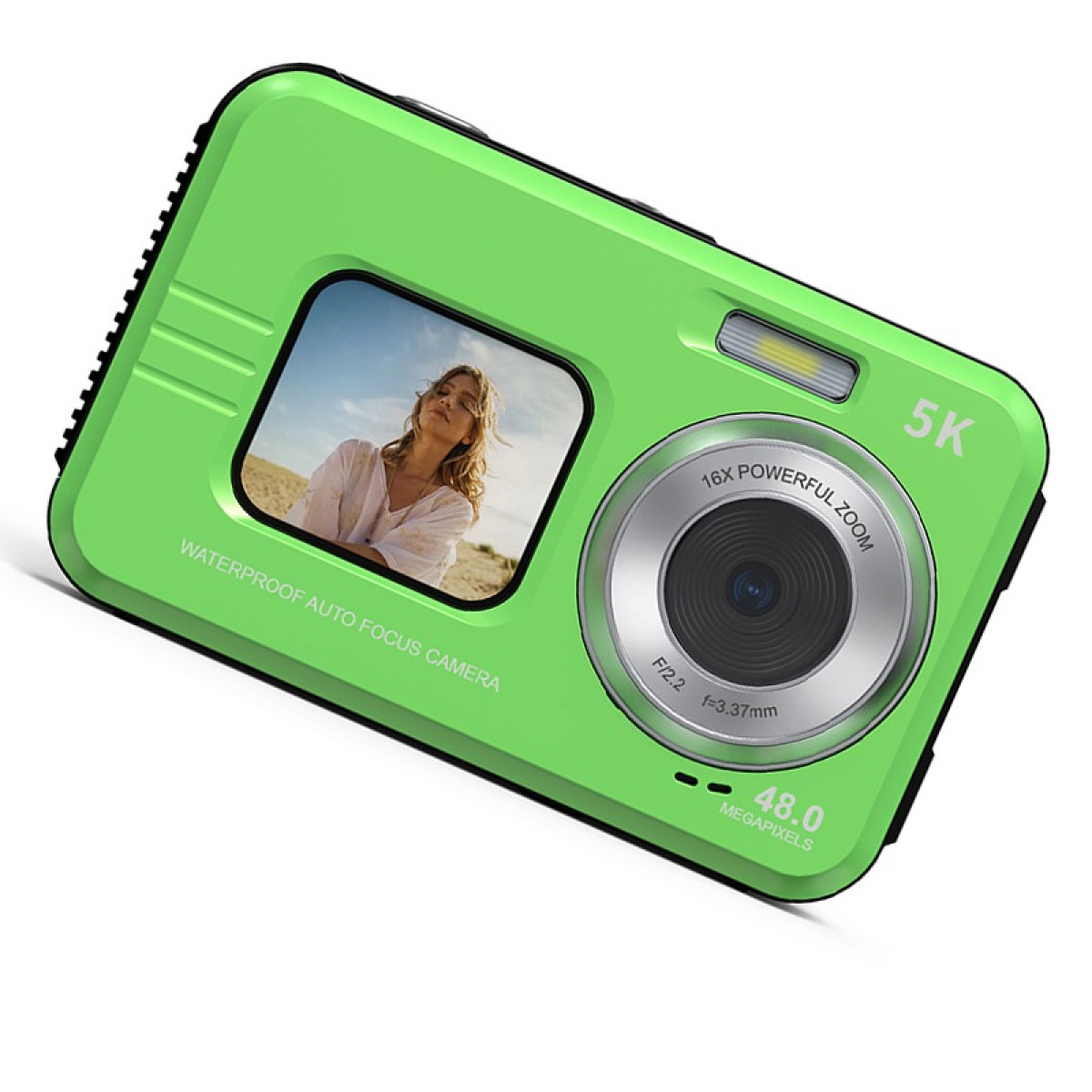 Grüne Kamera mit 16-fachem Zoom, 5K, 48 Megapixel und Wasserdicht-Aufschrift.