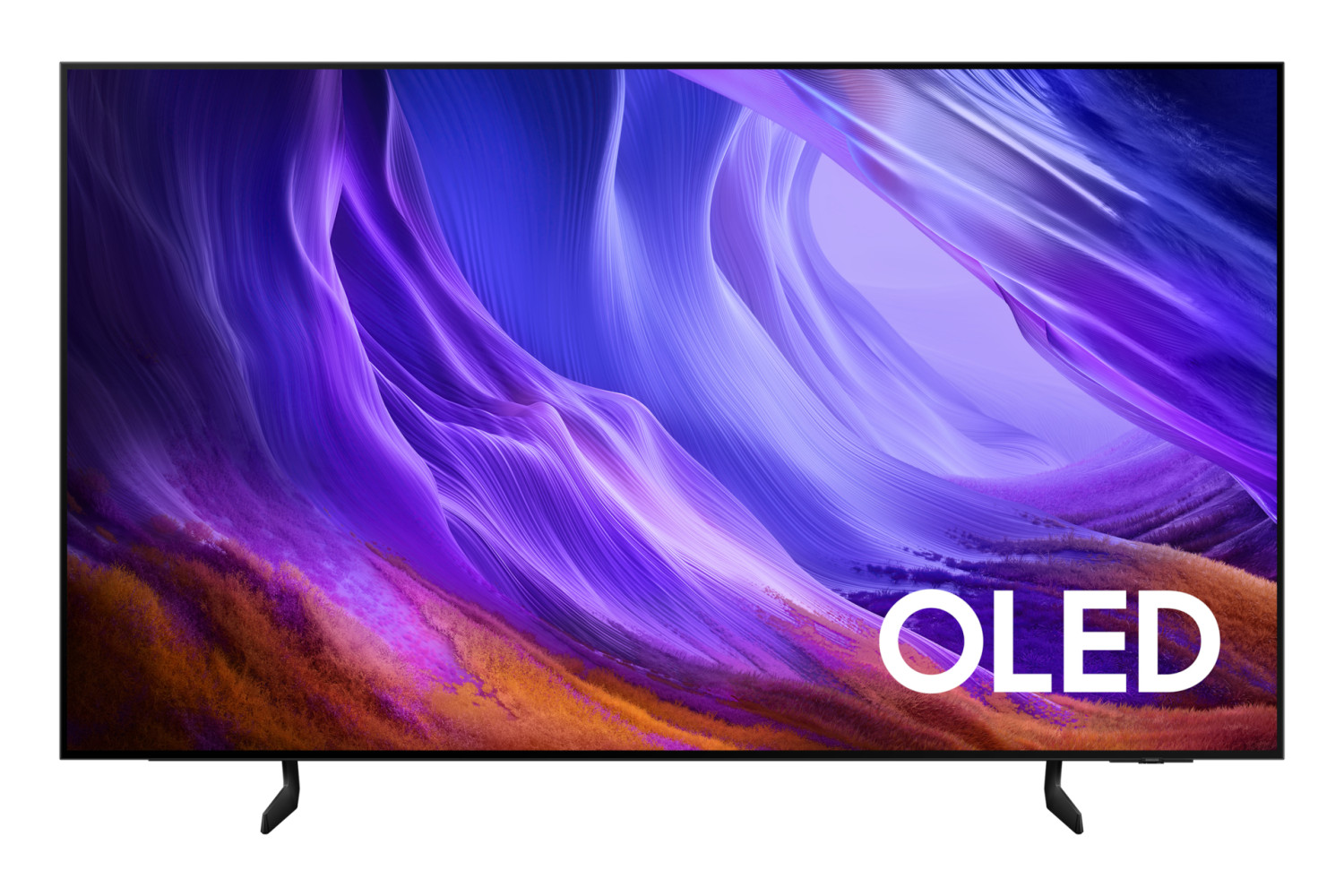 Una moderna TV OLED mostra uno sfondo astratto e ondulato nei toni del viola e dell'arancione.
