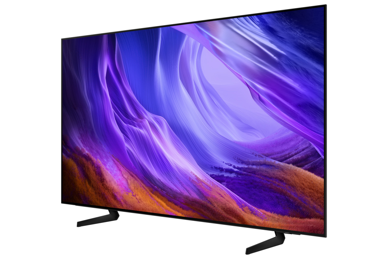 Una TV moderna a schermo piatto con un vivace display astratto e piedini neri.