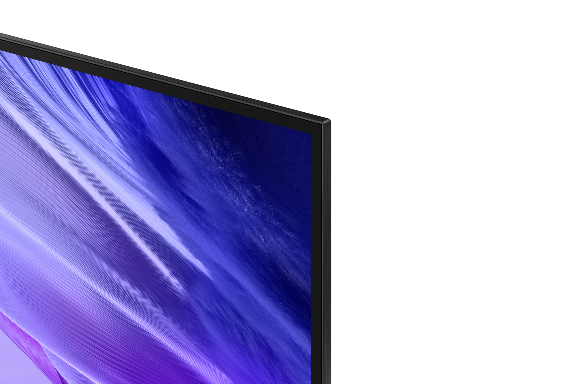 Primo piano di uno schermo TV con motivo astratto blu e viola.