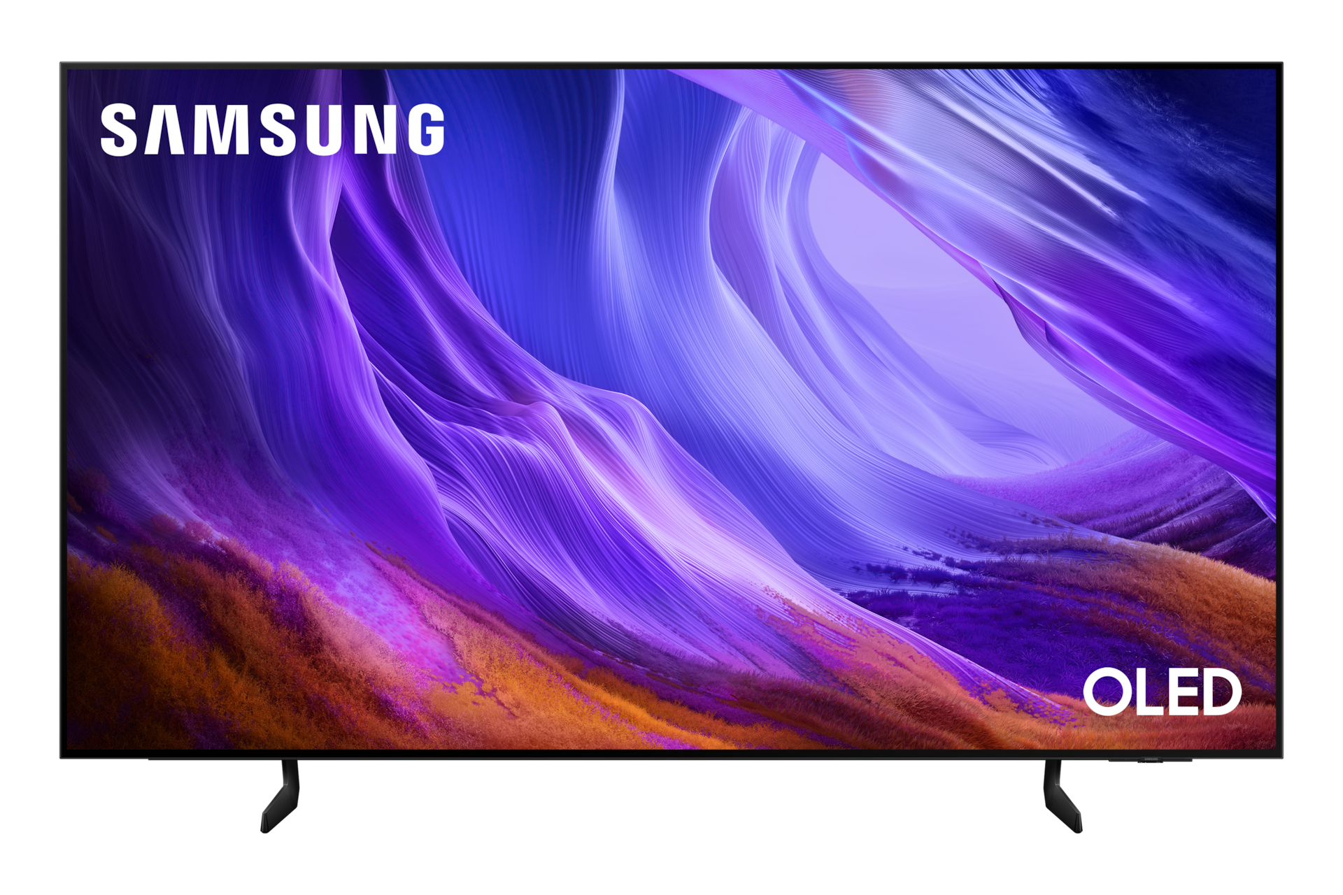 Una TV Samsung OLED con uno sfondo astratto viola e arancione.