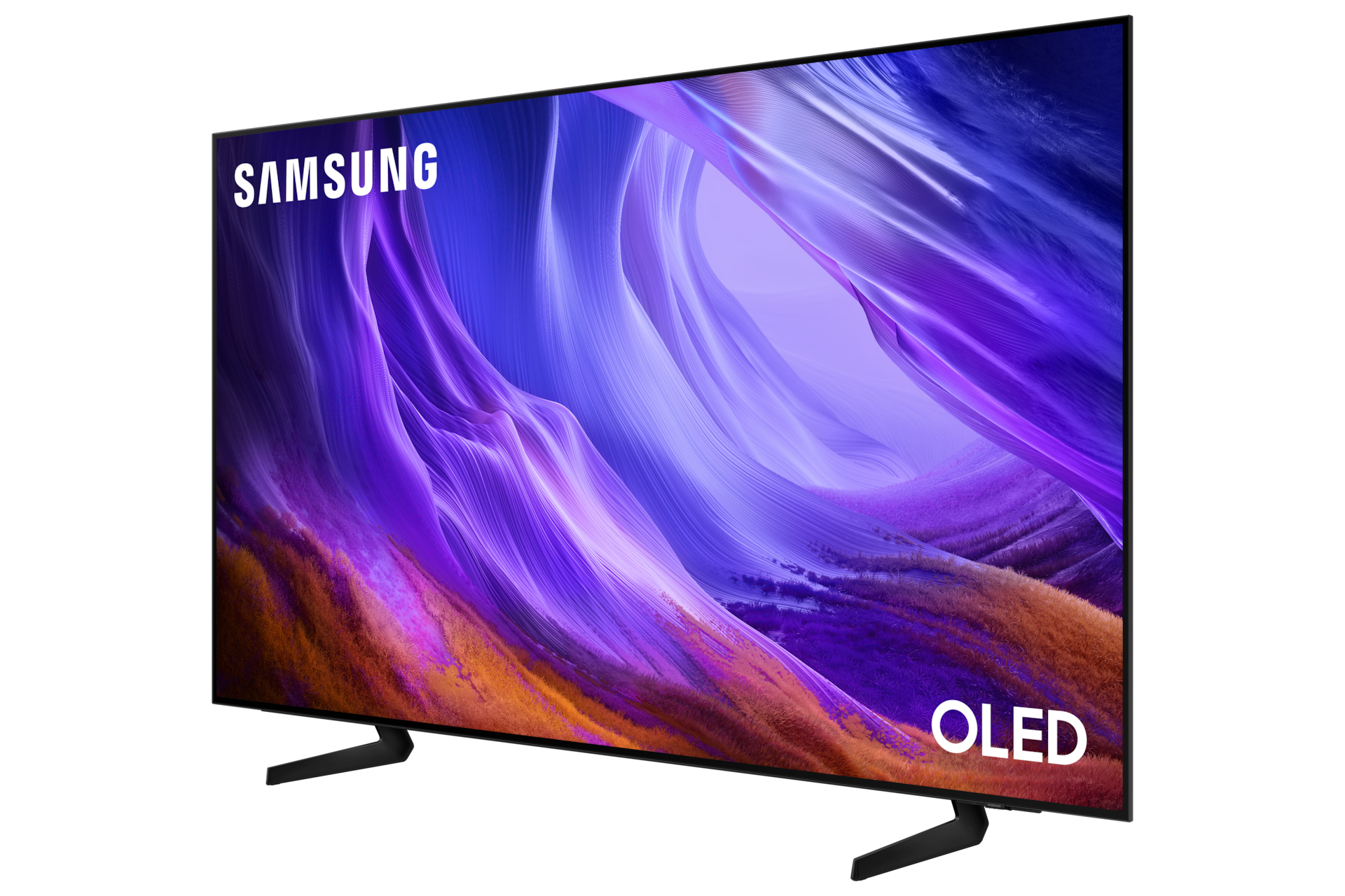 TV Samsung OLED con arte astratta viola e arancione sullo schermo su un supporto.