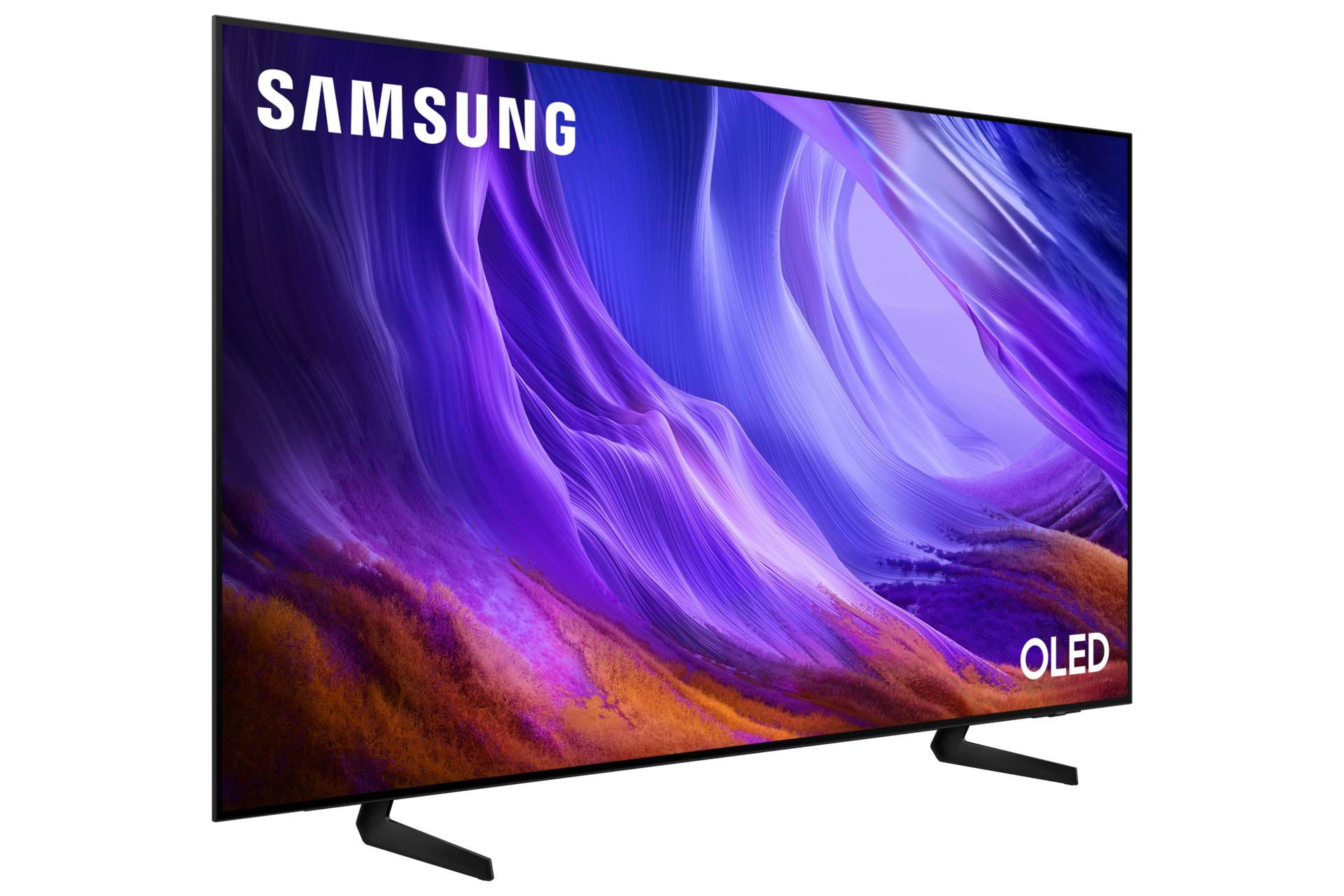 TV Samsung OLED con display astratto viola e arancione.