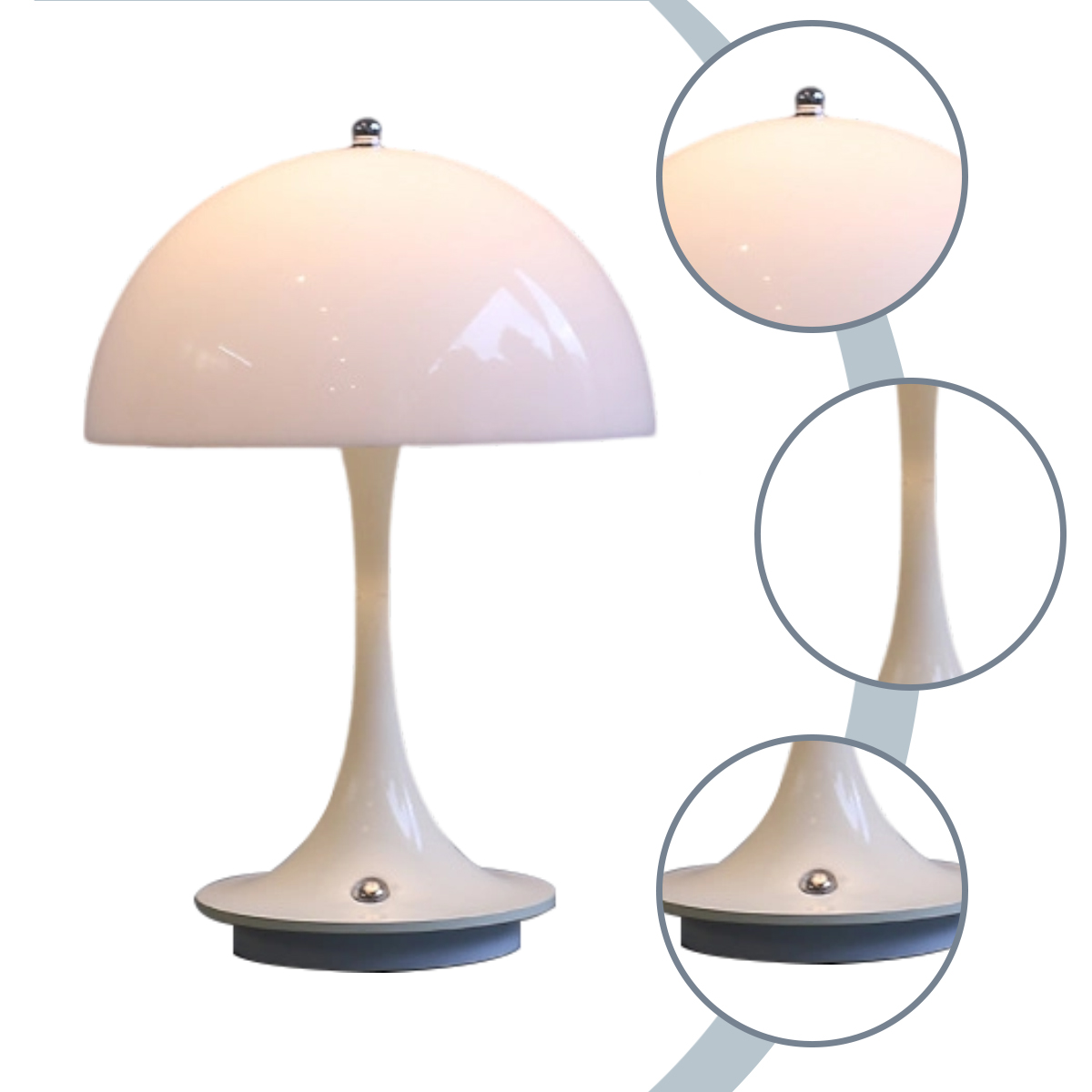 Eine weiße Tischlampe mit pilzförmigem Schirm und geschwungenem Ständer.