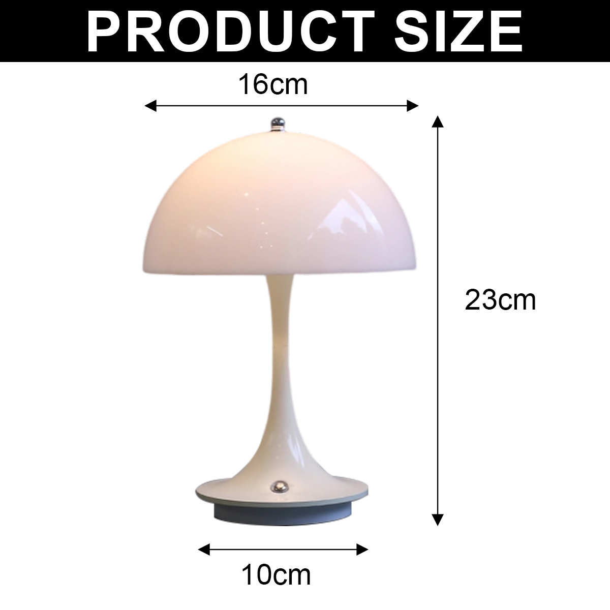 Weiße Lampe: 16cm breit, 23cm hoch, 10cm Basis.