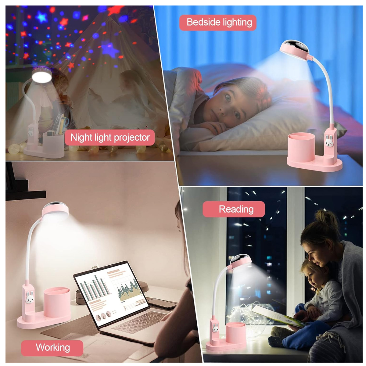 Vier Szenen zeigen eine rosa Lampe: Sternenprojektor, Nachttisch, Arbeit und Lesen.