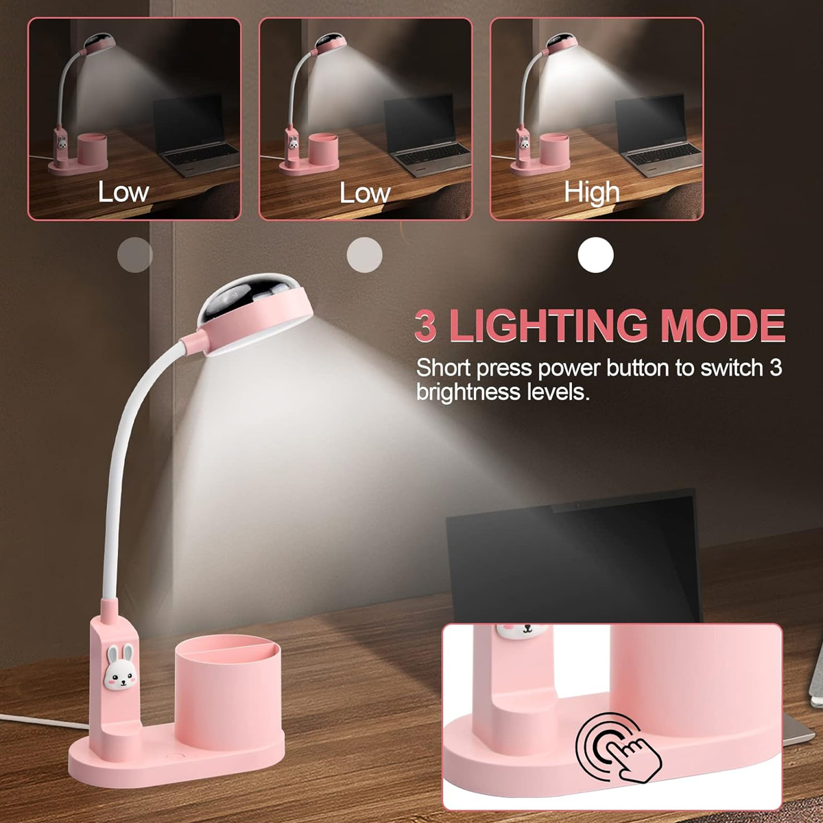 Ein rosafarbene Schreibtischlampe mit Tierdesign und drei Helligkeitsstufen.