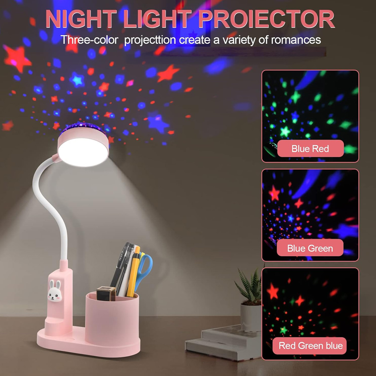 Ein rosa Nachtlichtprojektor mit Sternenmuster und Stiftehalter wird gezeigt.