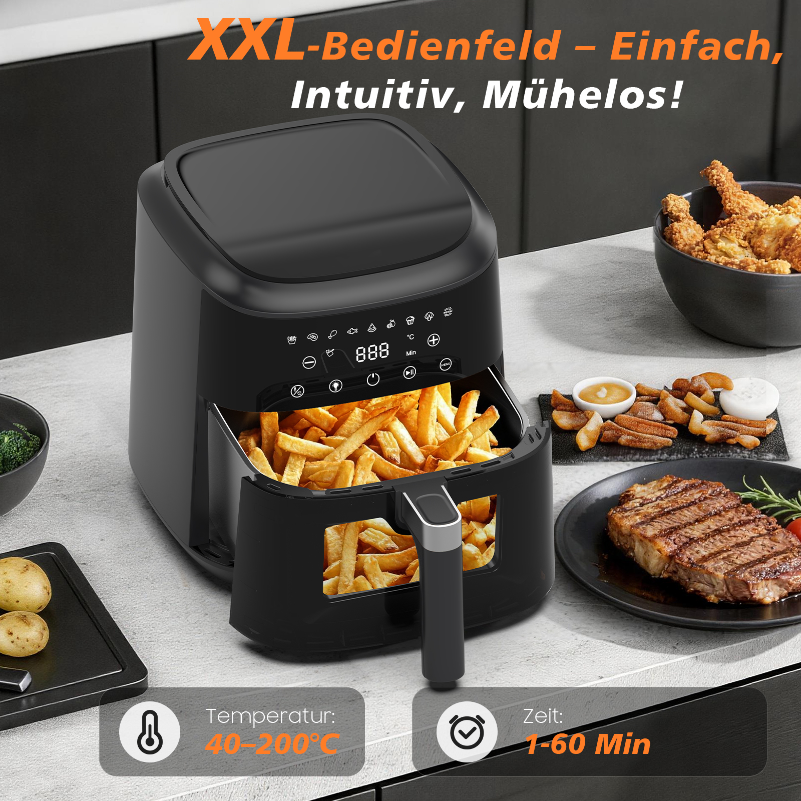Schwarze Heißluftfritteuse mit Pommes, Steak und Hähnchenteilen.