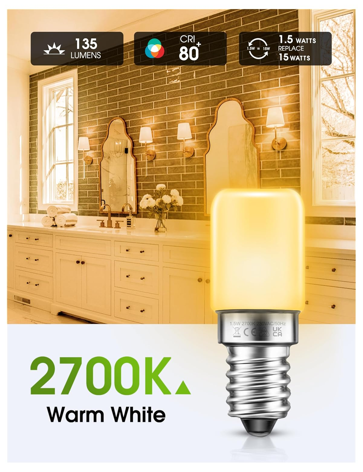 Eine warme weiße LED-Lampe auf dem Hintergrund eines Badezimmers.