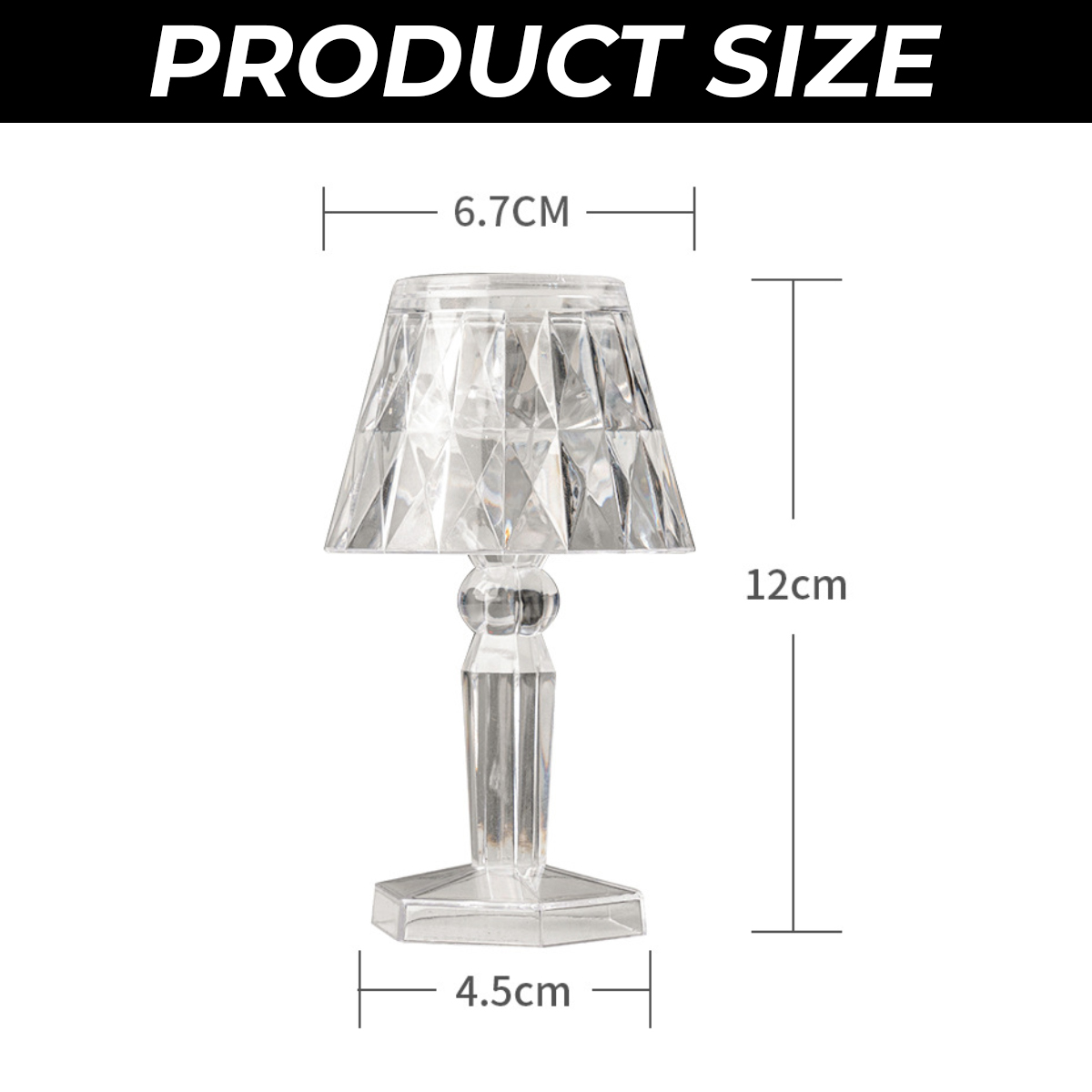Transparente Lampe, 6,7 cm breit, 12 cm hoch, 4,5 cm tief.