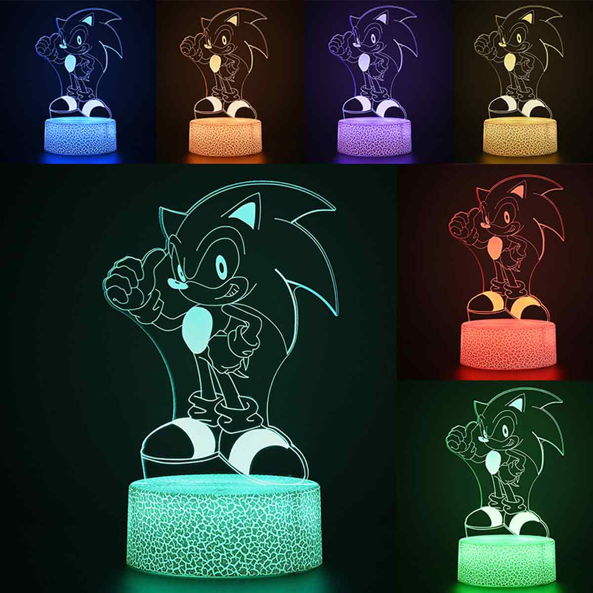 Eine Sonic-Lampe in verschiedenen Farben auf schwarzem Hintergrund.