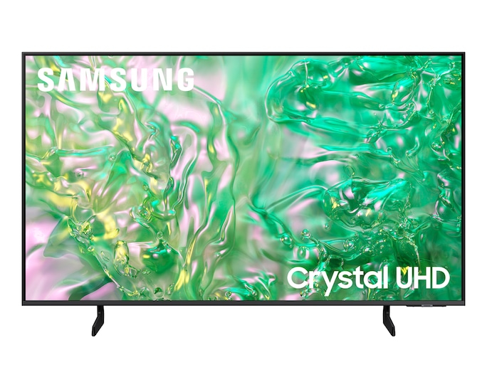 Una TV Samsung Crystal UHD con un motivo vorticoso verde e bianco sullo schermo.