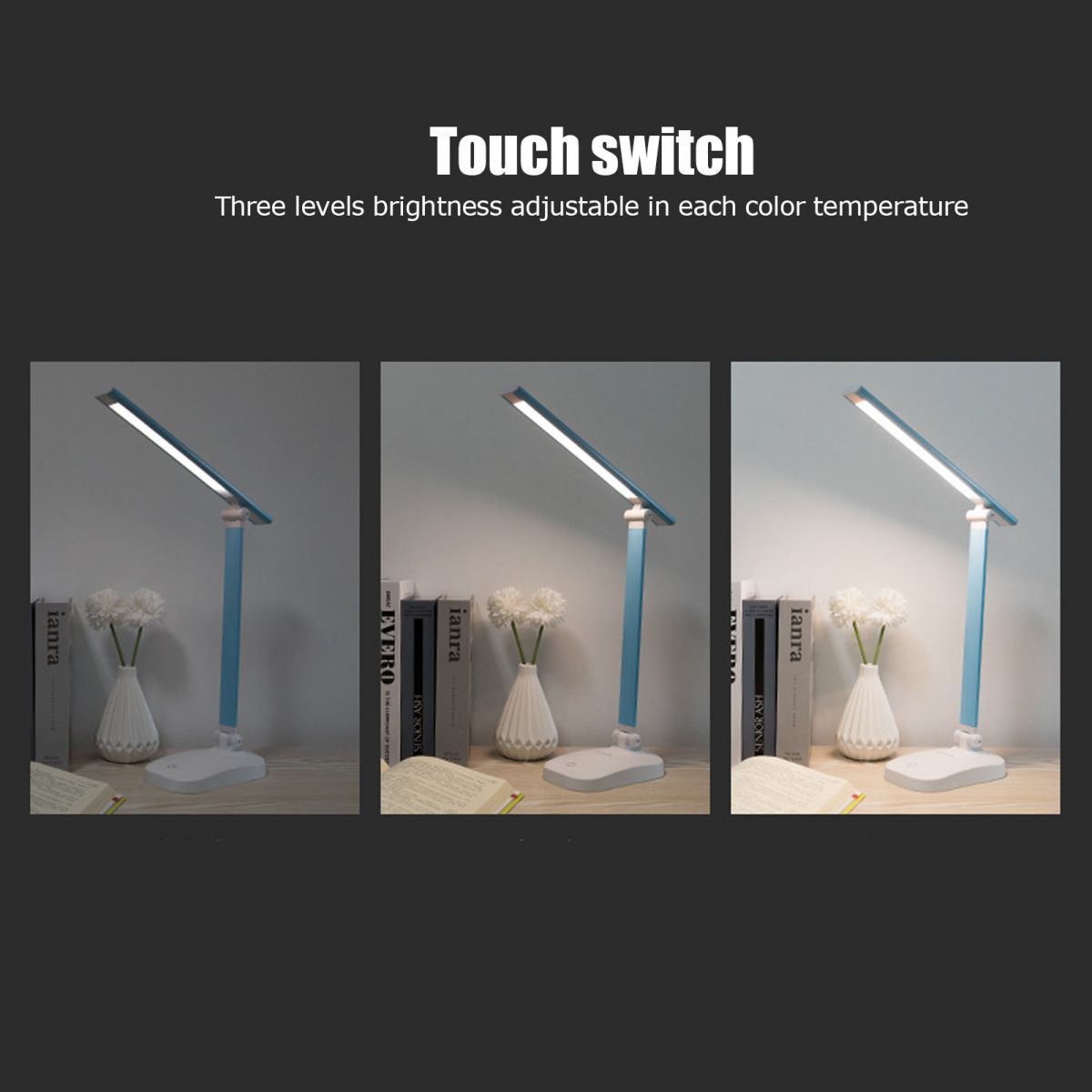 Ein blauer Schreibtischlampe mit drei Helligkeitsstufen wird gezeigt.