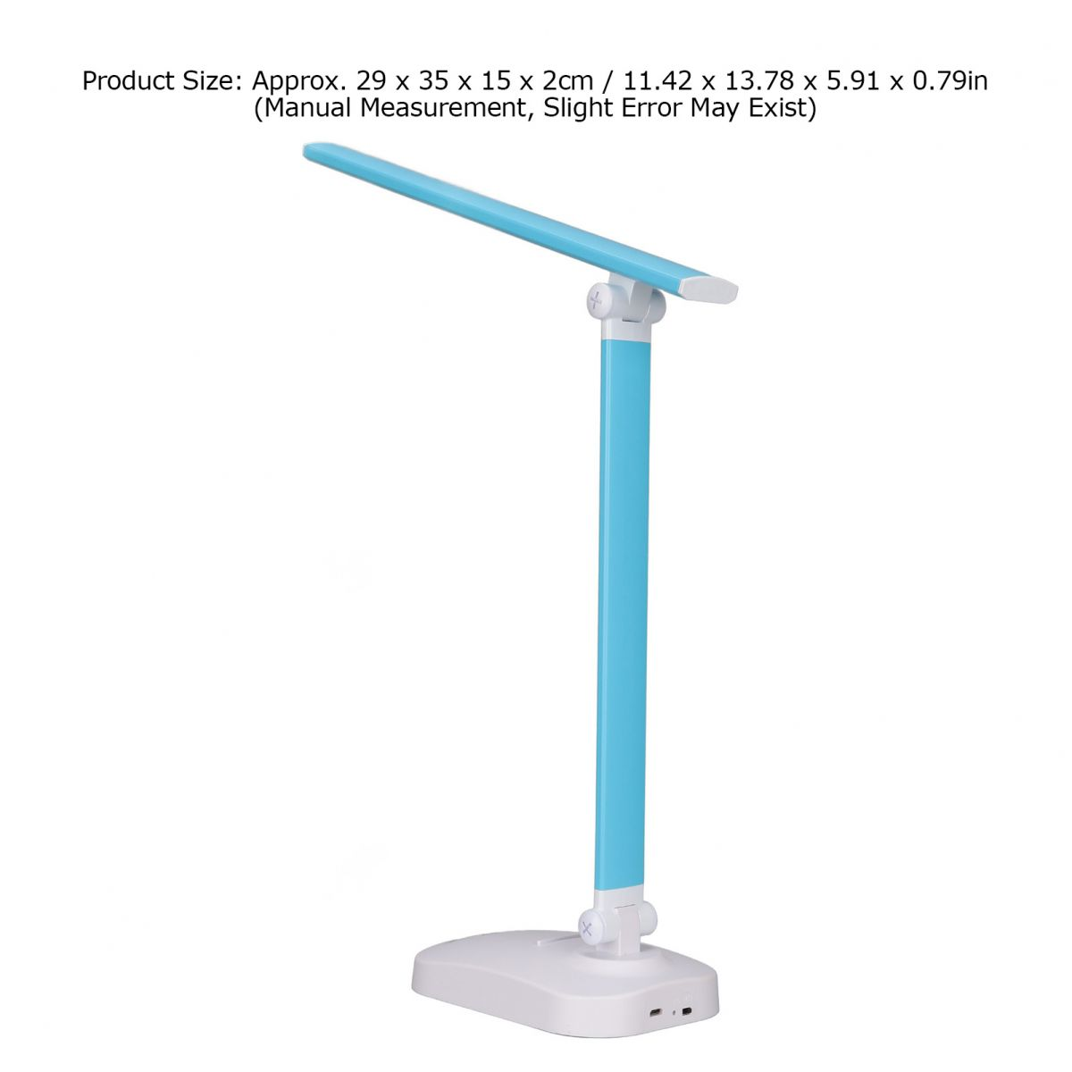 Eine weiße Lampe mit blauem Ständer und blauem Lampenkopf, auf weißem Hintergrund.