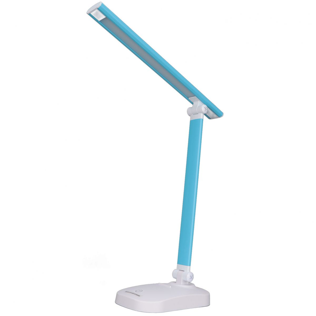 Eine blaue LED-Schreibtischlampe mit weißem Fuß und verstellbarem Arm.
