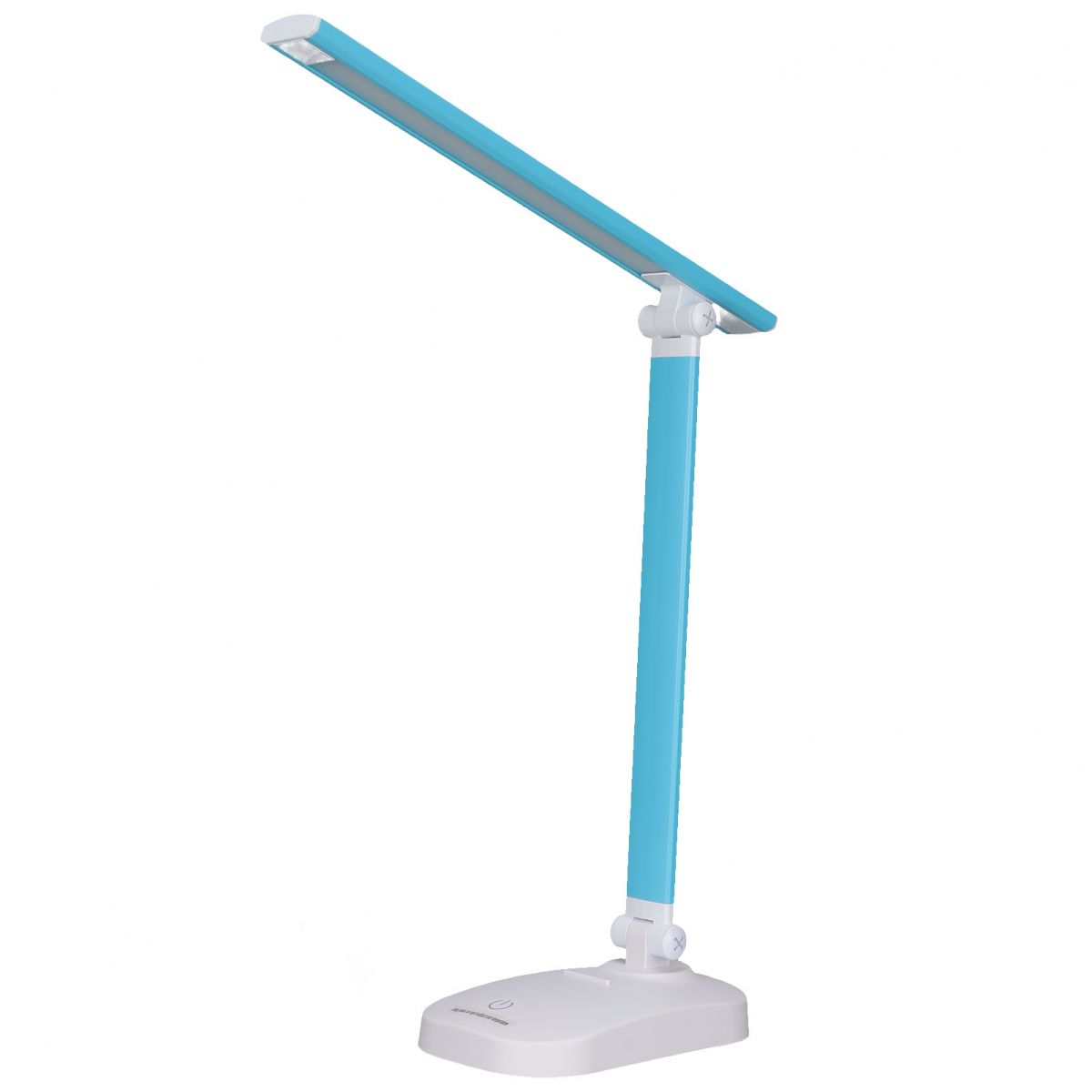 Eine blaue LED-Schreibtischlampe auf einem weißen Sockel mit Gelenkarm.