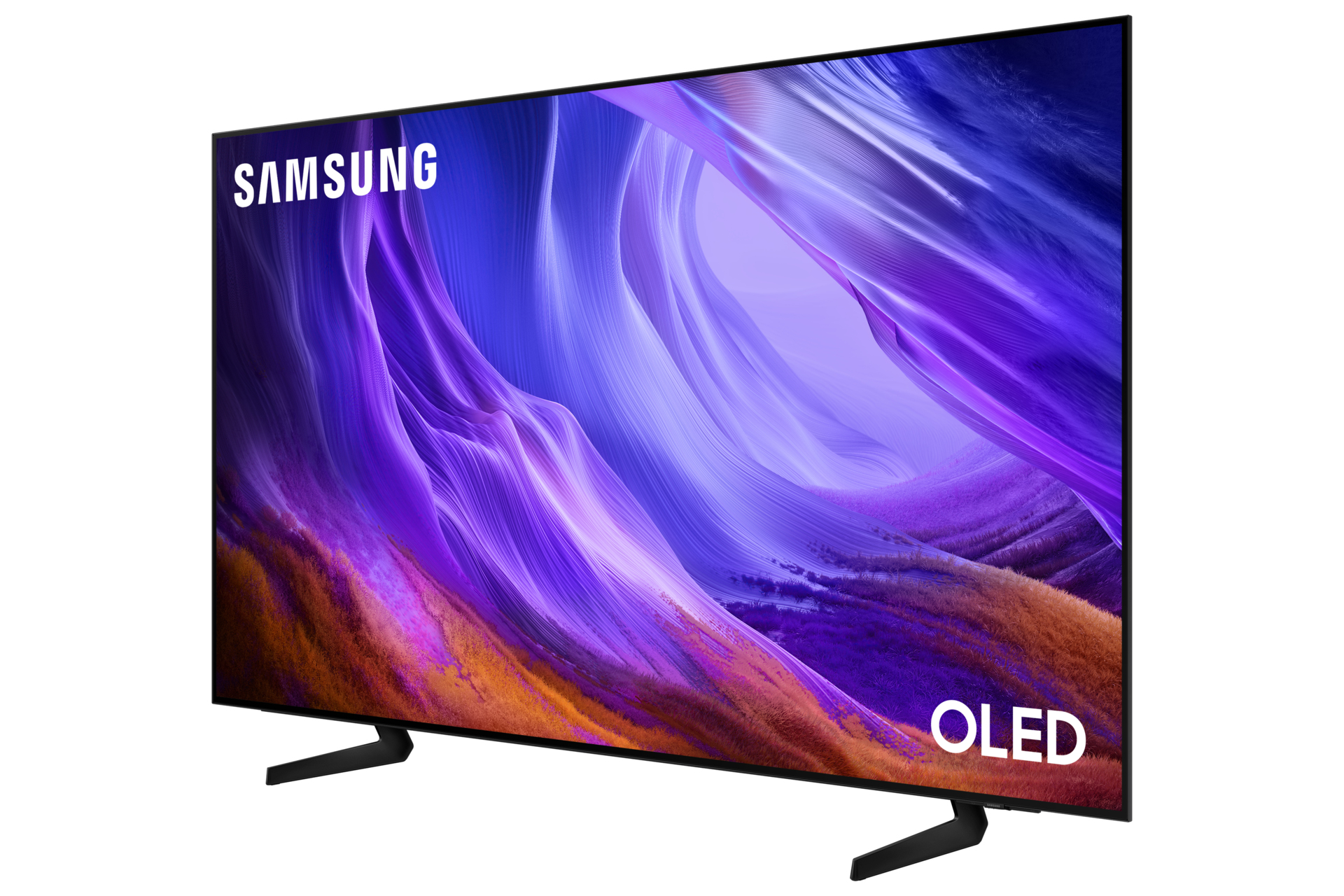 Una TV Samsung OLED con un motivo astratto viola e arancione sullo schermo.
