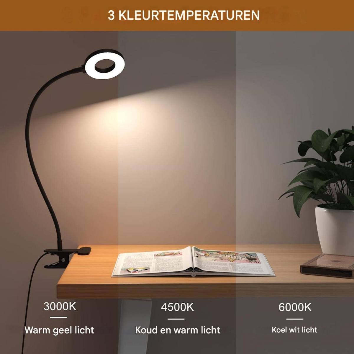 Schreibtischlampe mit drei Lichtfarben: warm, neutral und kühl. Offenes Buch.