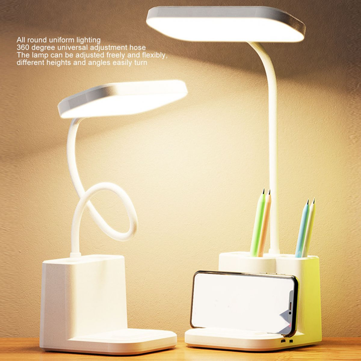 Zwei weiße LED-Schreibtischlampen mit flexiblen Armen und Stifthaltern.