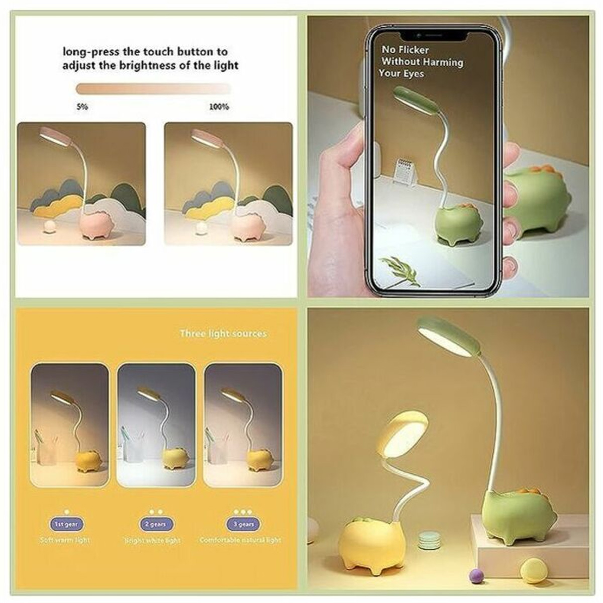 Ein Schreibtischlampe-Display zeigt Helligkeitsanpassung, flimmerfreie Anzeige und Lichtquellen.