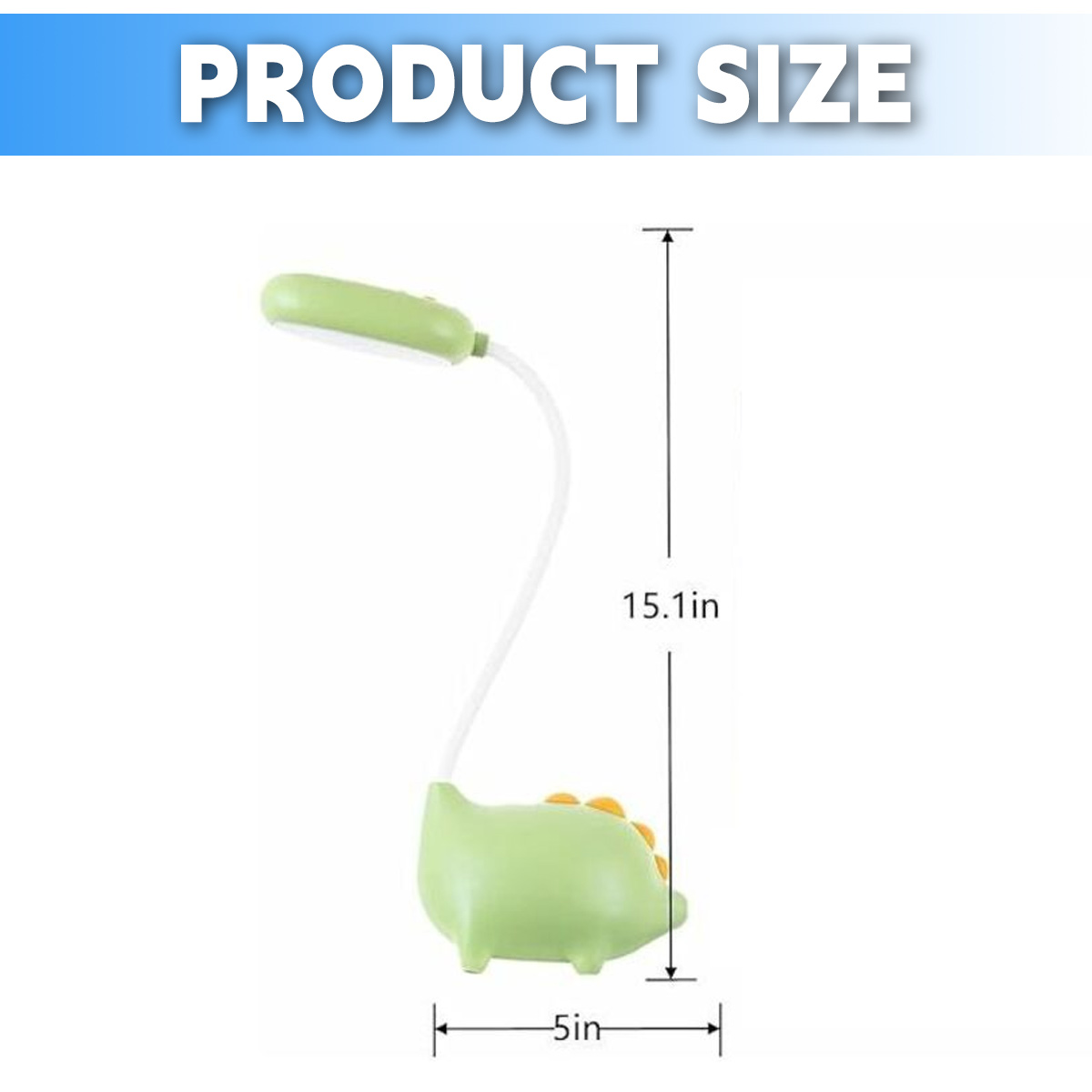 Grüne Dino-Lampe: 38,4 cm hoch, 12,7 cm breit. Produktgröße.