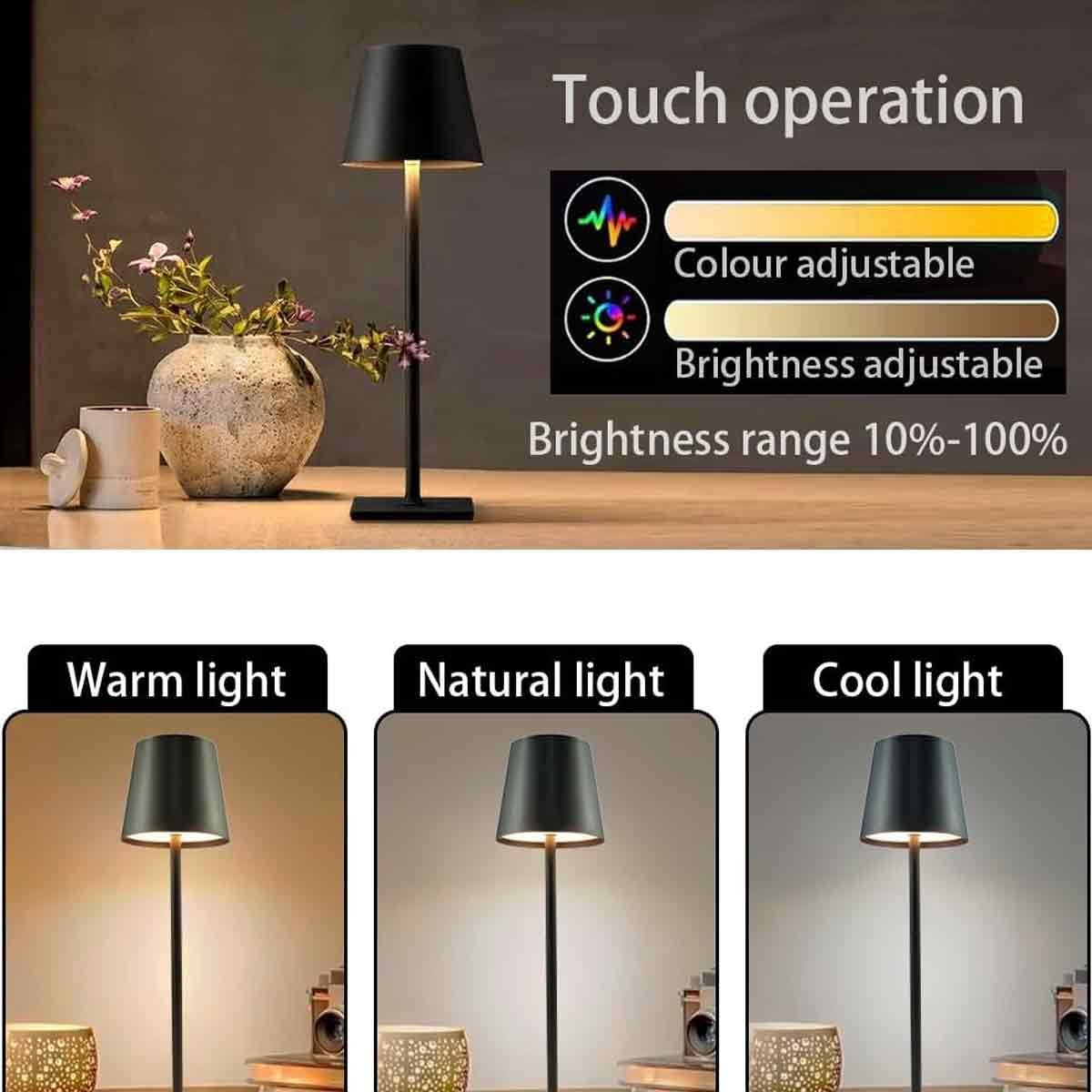 Eine schwarze Lampe mit einstellbarer Farbe und Helligkeit, gezeigt mit warmem, natürlichem und kühlem Licht.