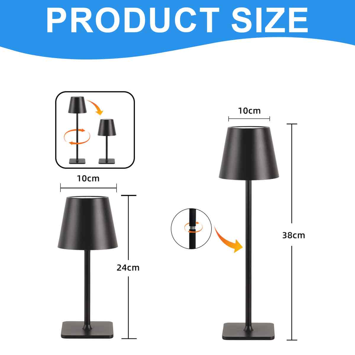 Zwei schwarze Tischlampen, eine 24cm, eine 38cm. Beide 10cm breit.