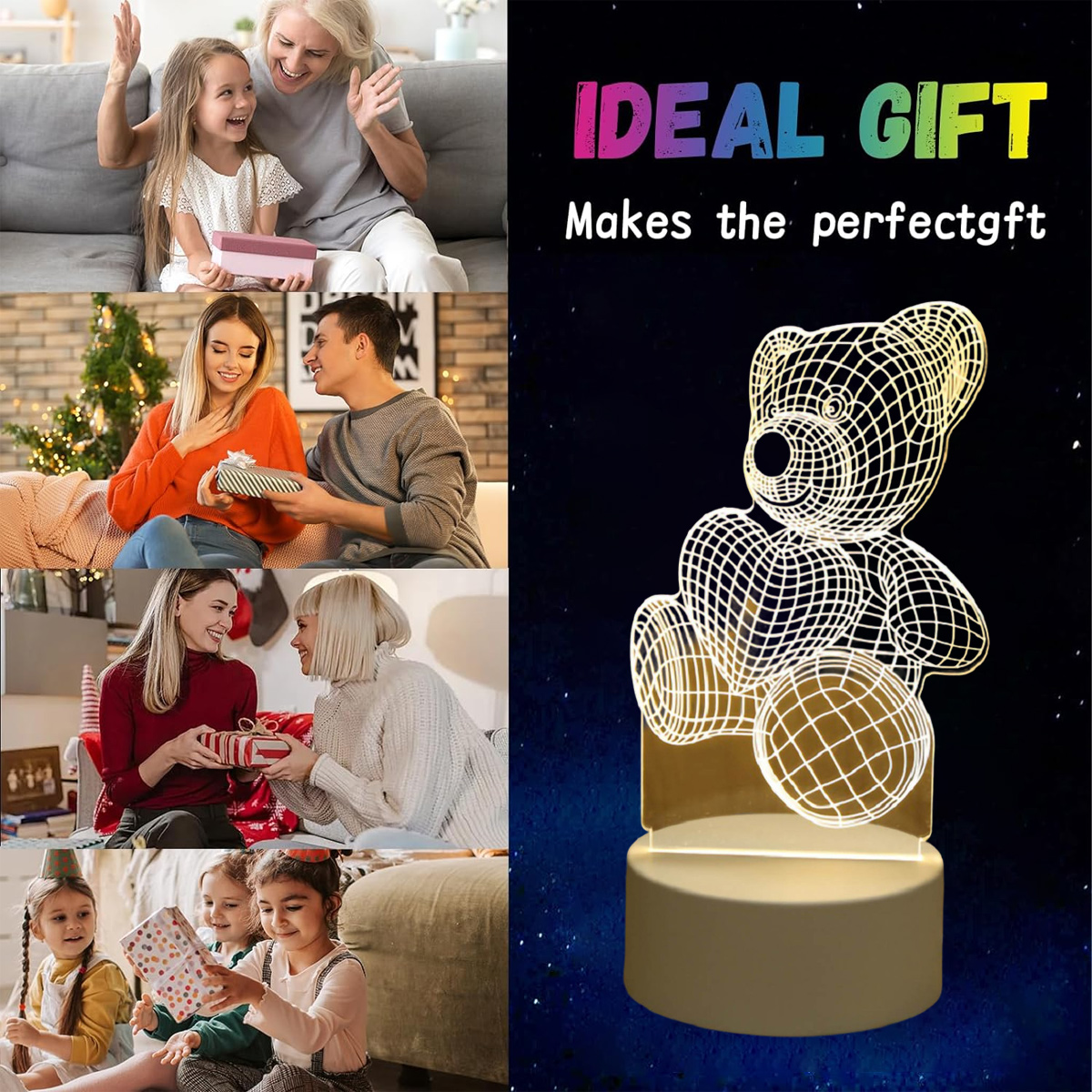 Teddybär-Lampe und Szenen von Geschenken: Familie, Paare, Kinder.