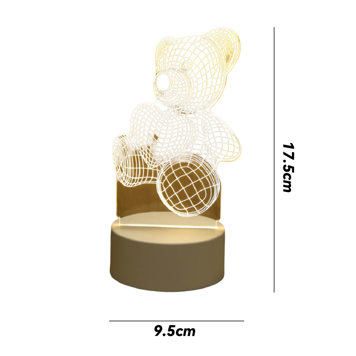 Eine weiße Teddybärlampe mit einem Ball, beleuchtet von unten.