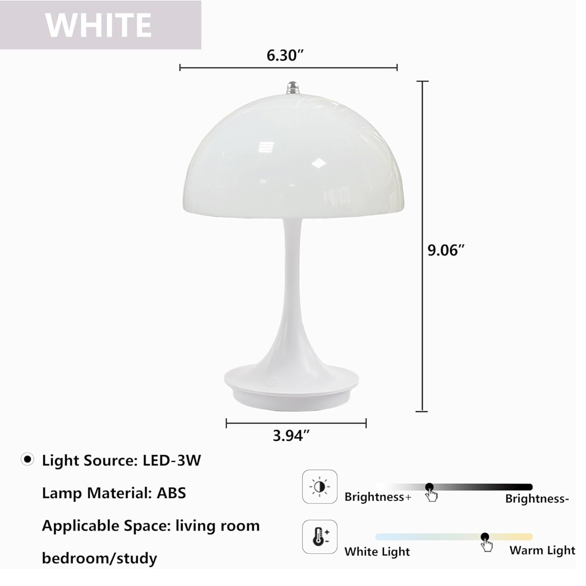 Eine weiße Pilz-Tischlampe mit Maßen und Lichteinstellungen.