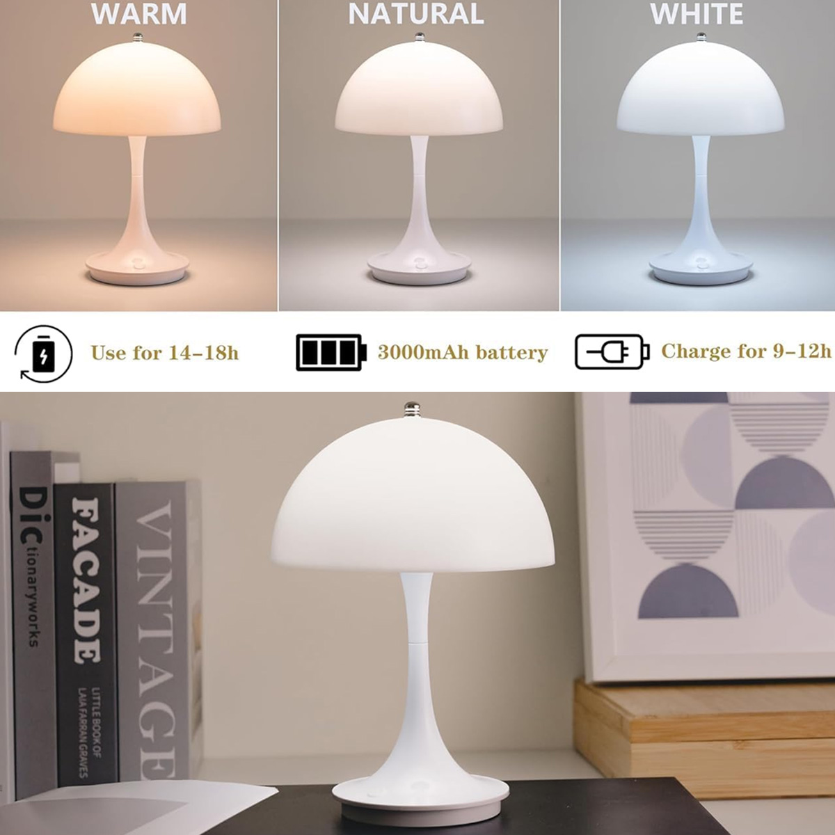 Ein weißes Pilz-Nachttischlampen-Display zeigt warme, natürliche und weiße Lichtmodi.