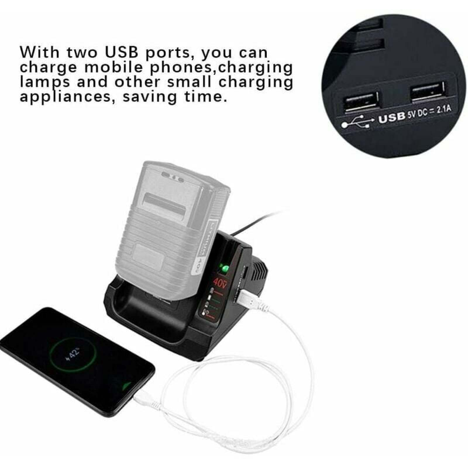 Ein schwarzes Ladegerät mit Akku und Handy. Zwei USB-Anschlüsse.