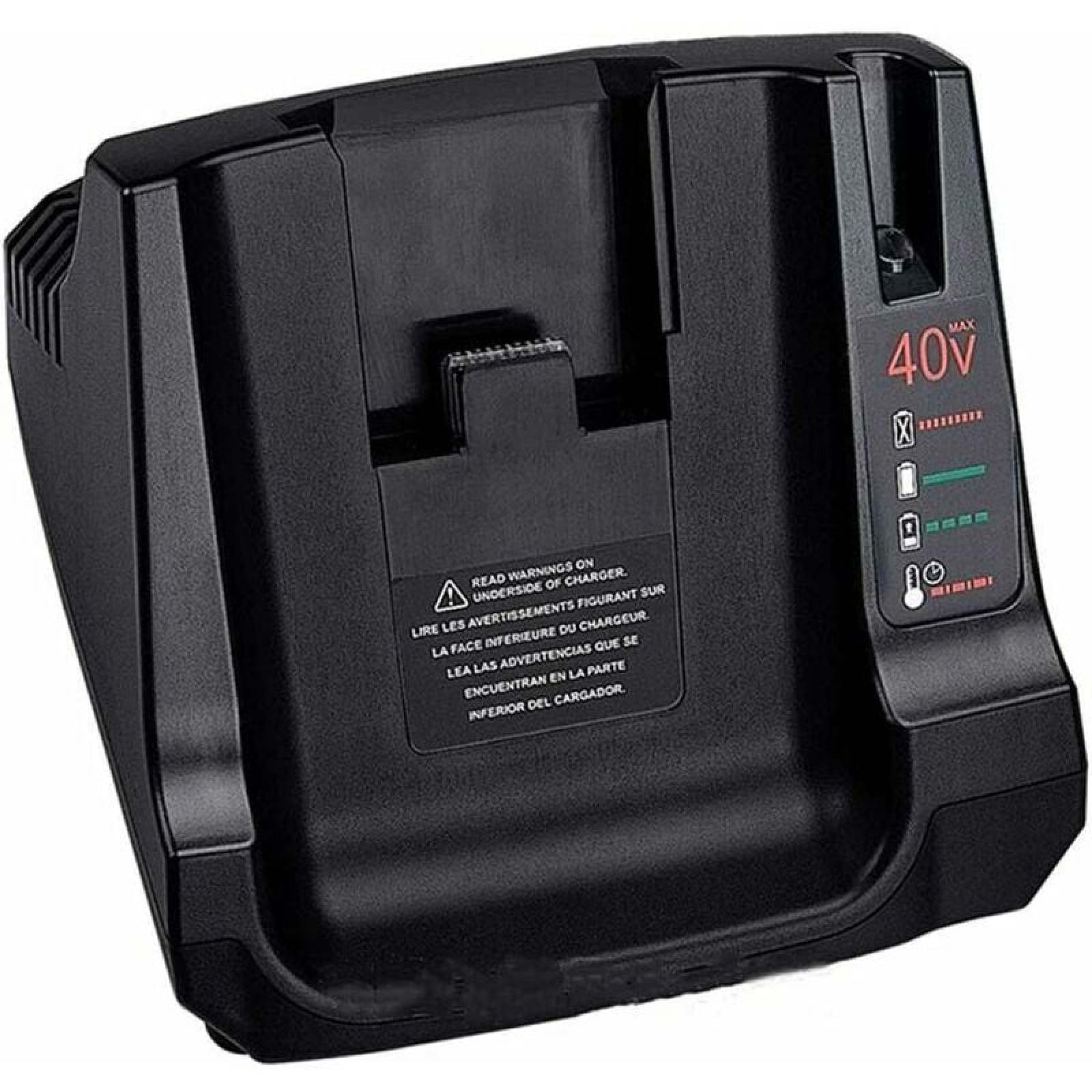 Schwarzes Ladegerät mit 40V-Anzeige und Ladezustandsanzeigen.