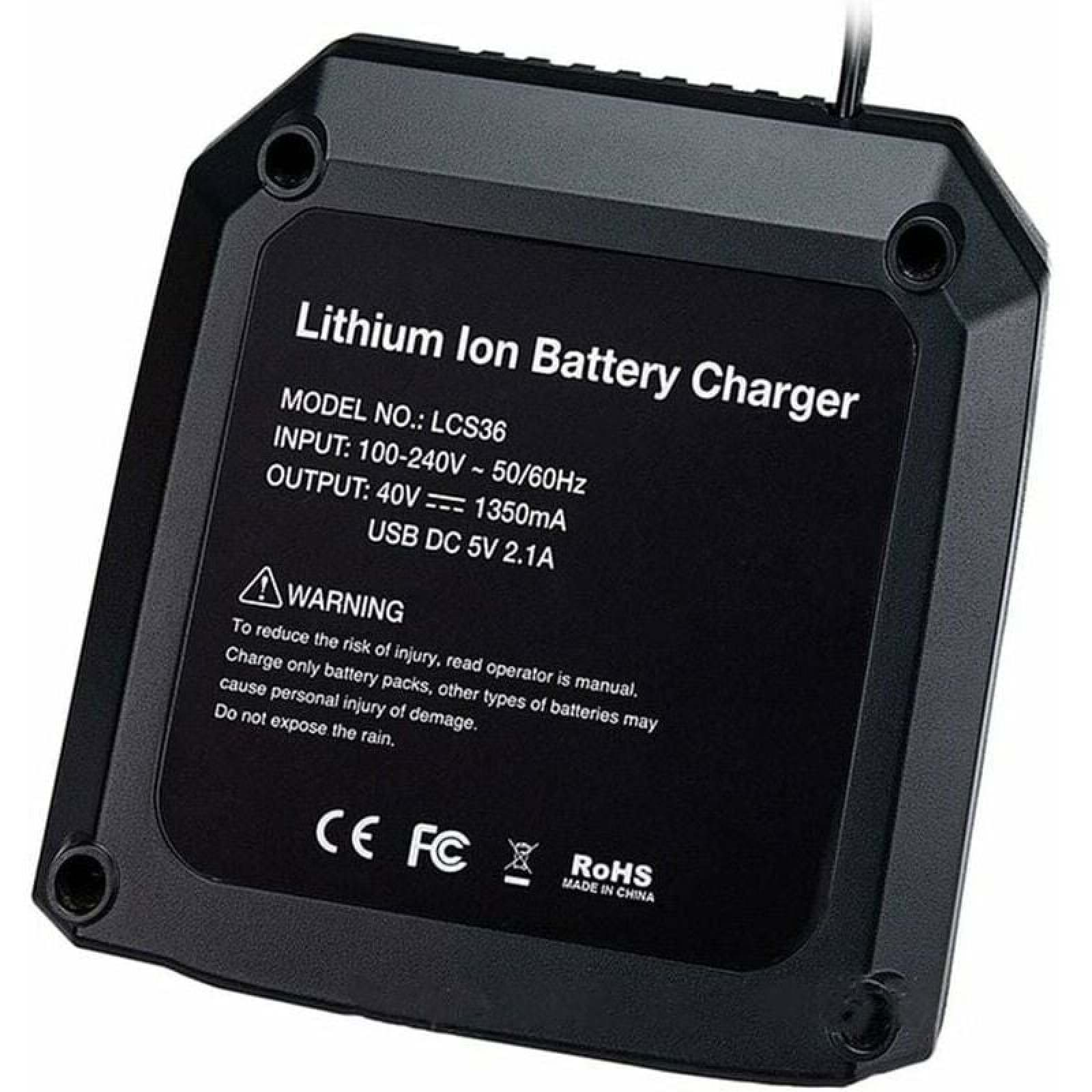 Schwarzes Ladegerät für Lithium-Ionen-Akkus mit Beschriftung und Warnhinweisen.