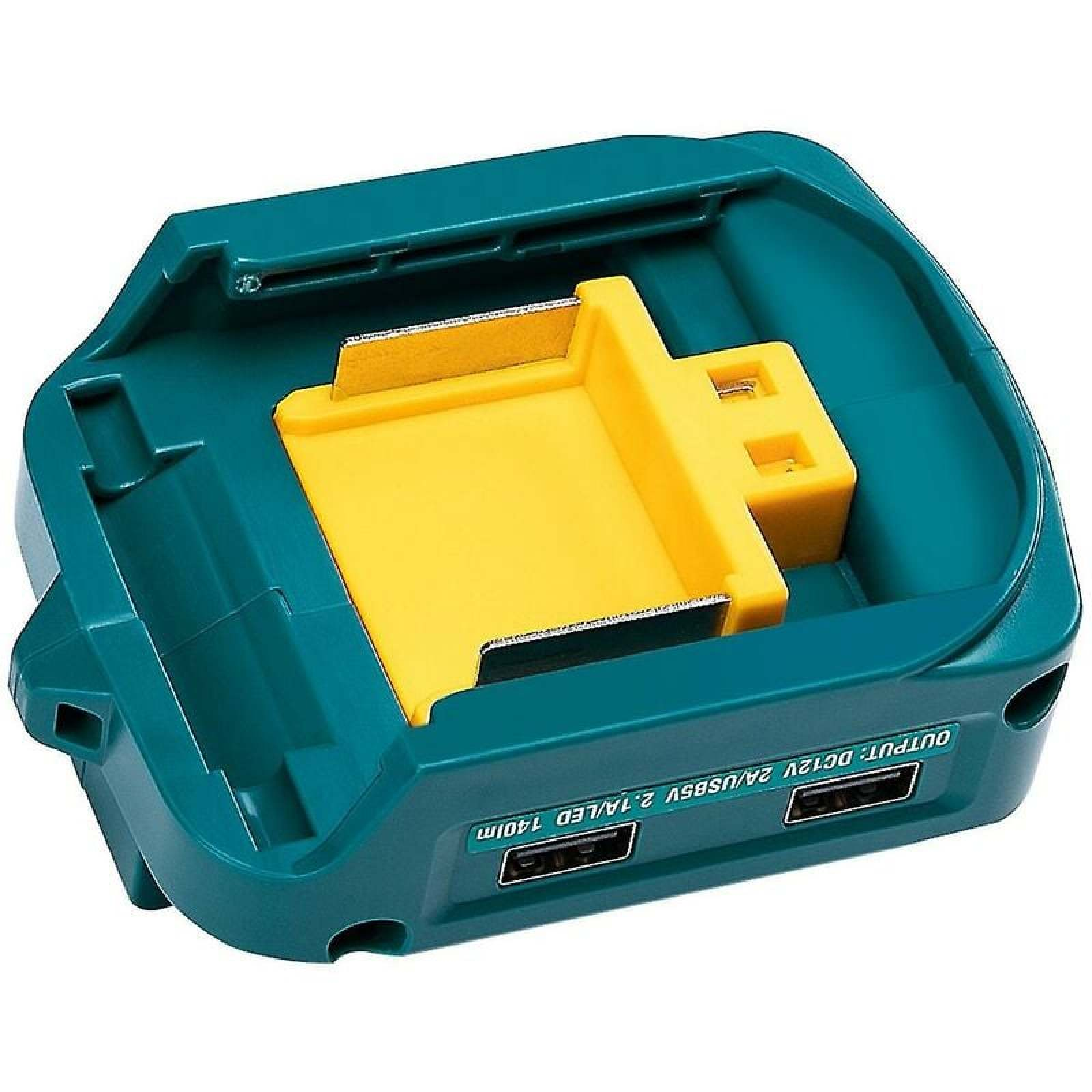 Ein tealfarbener Adapter mit gelbem Einsatz und USB-Anschlüssen.